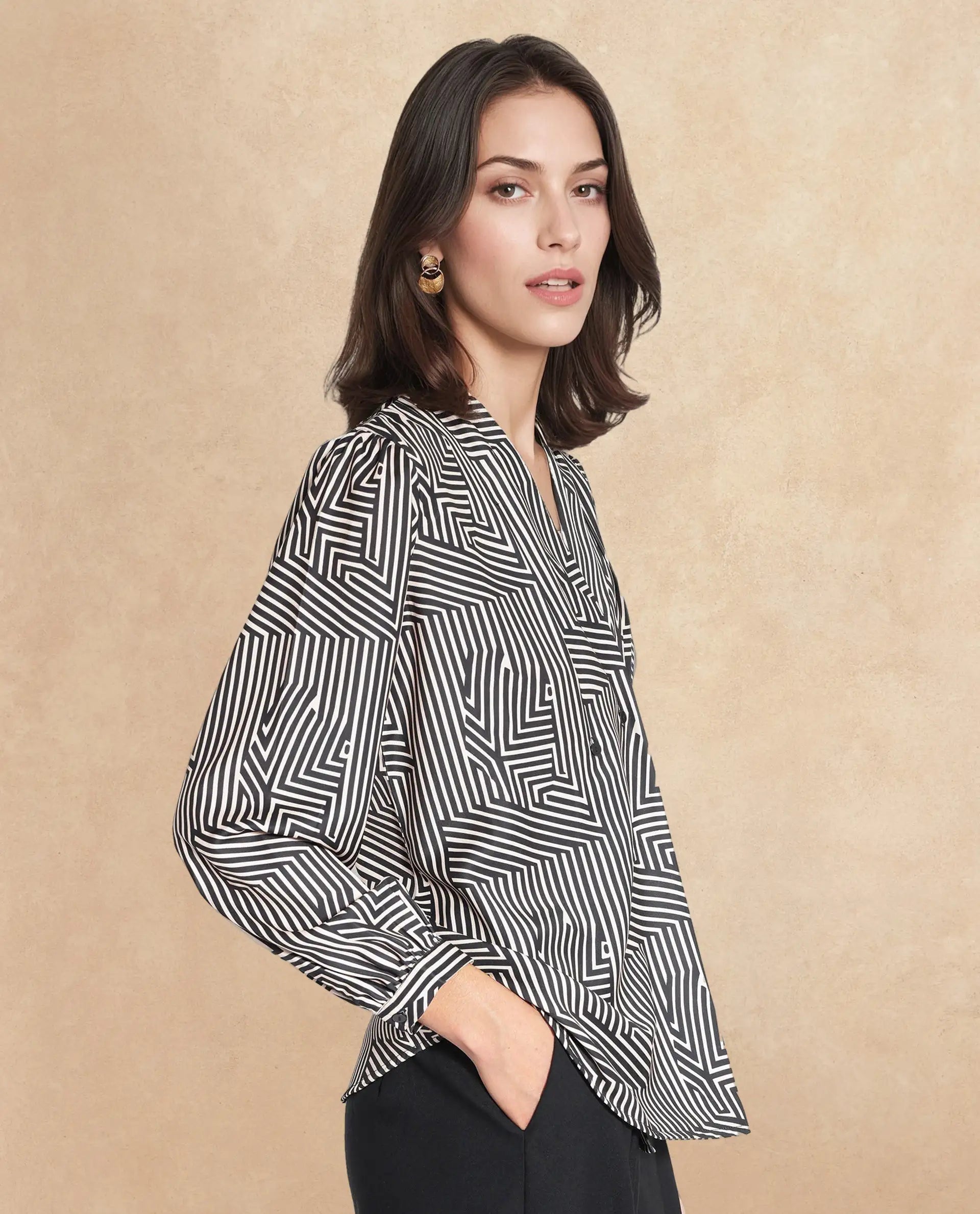 Rareism Women Alie Black Bishop Sleeve Over Lap Neck Geometric Print Top