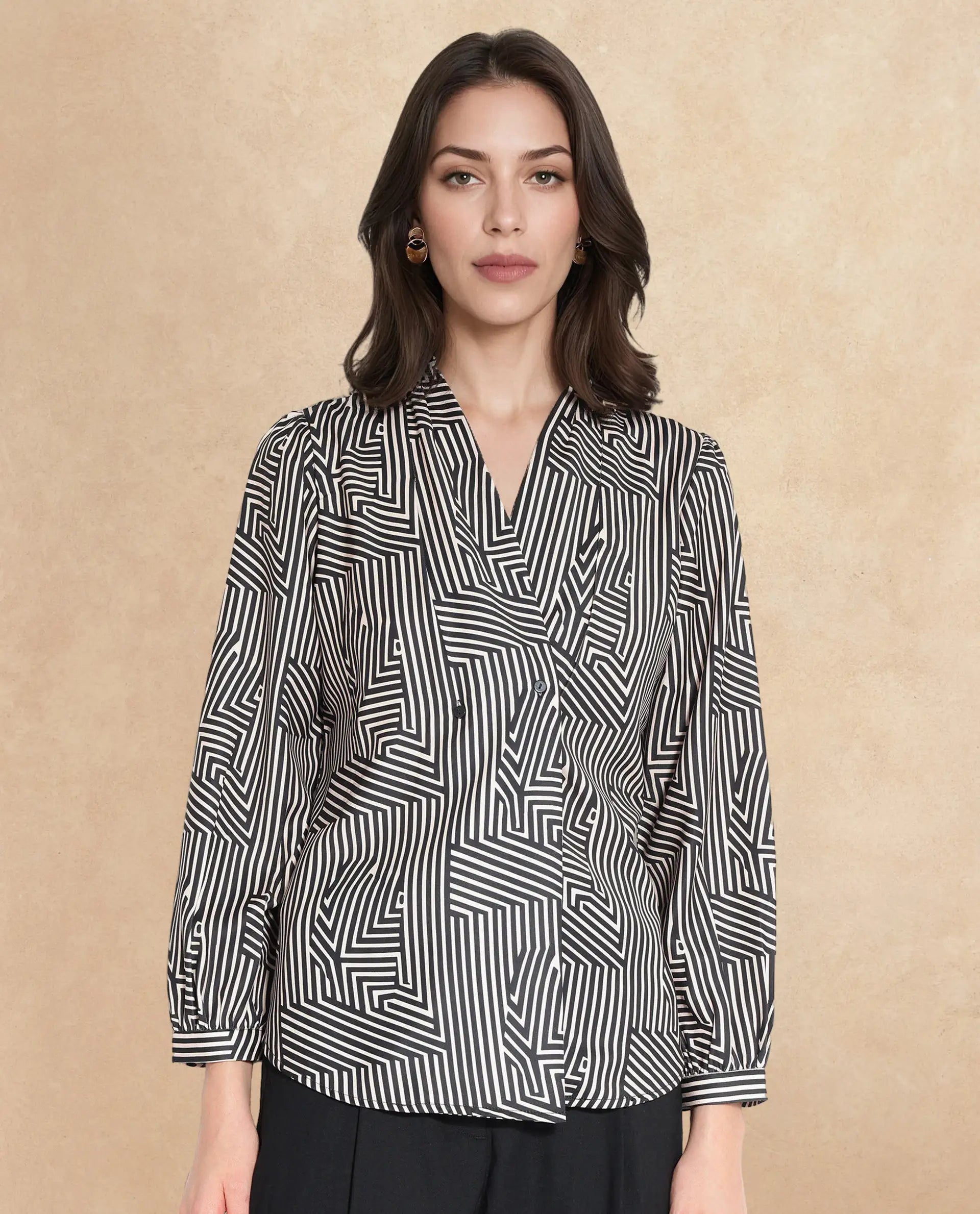 Rareism Women Alie Black Bishop Sleeve Over Lap Neck Geometric Print Top