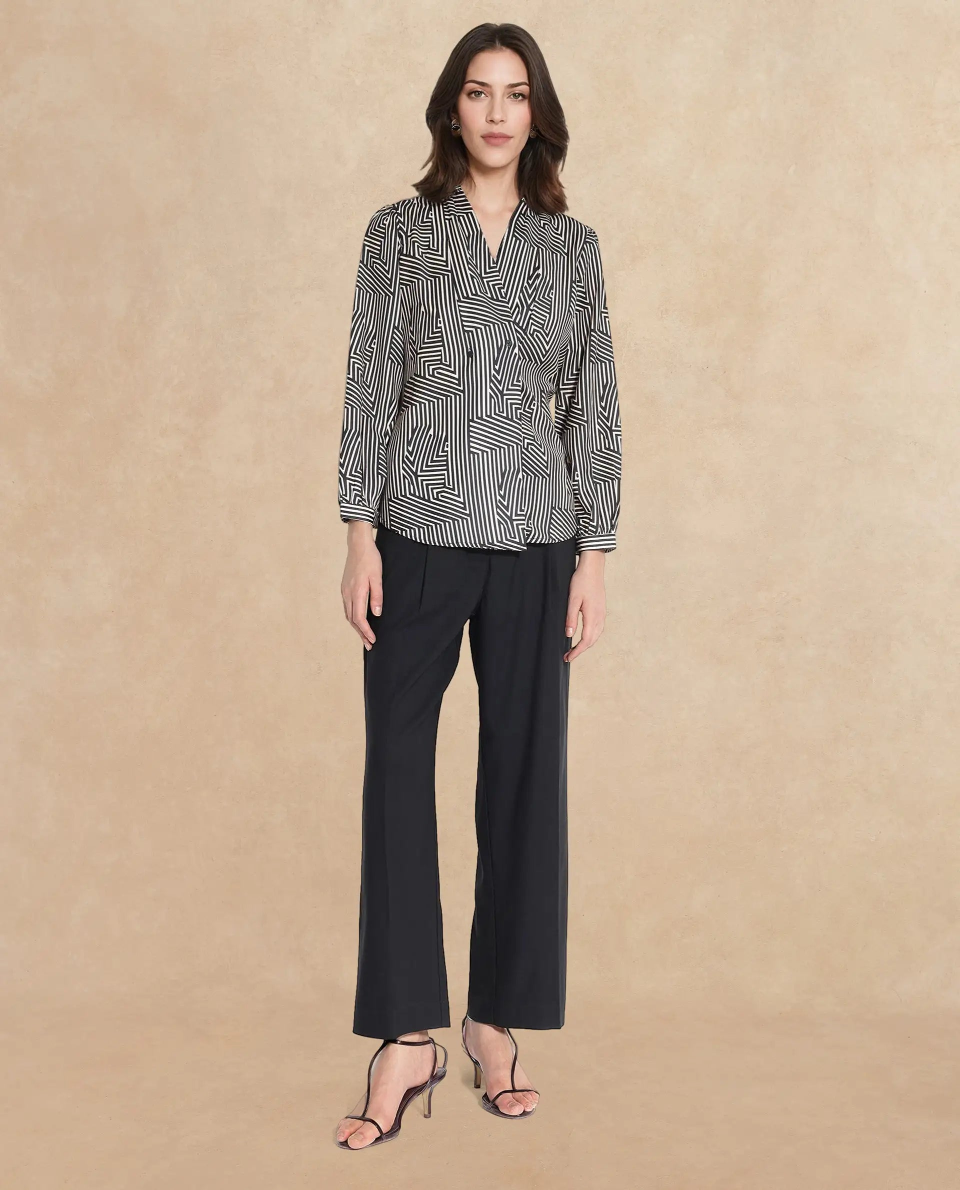 Rareism Women Alie Black Bishop Sleeve Over Lap Neck Geometric Print Top