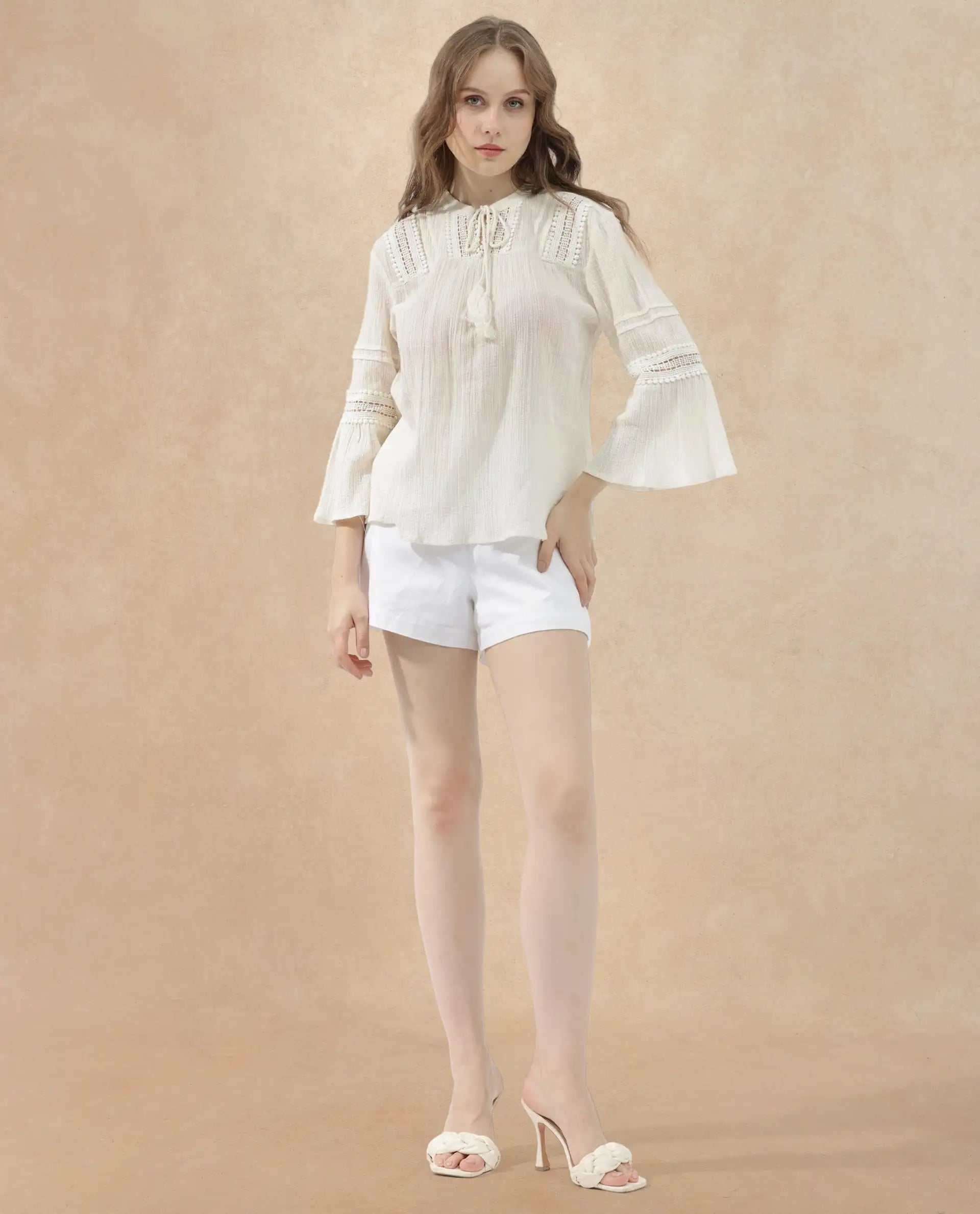 Rareism Women Alonzo Light Beige Cotton Fabric 3/4Th Sleeves Tie-Up Neck Regular Fit Plain Top