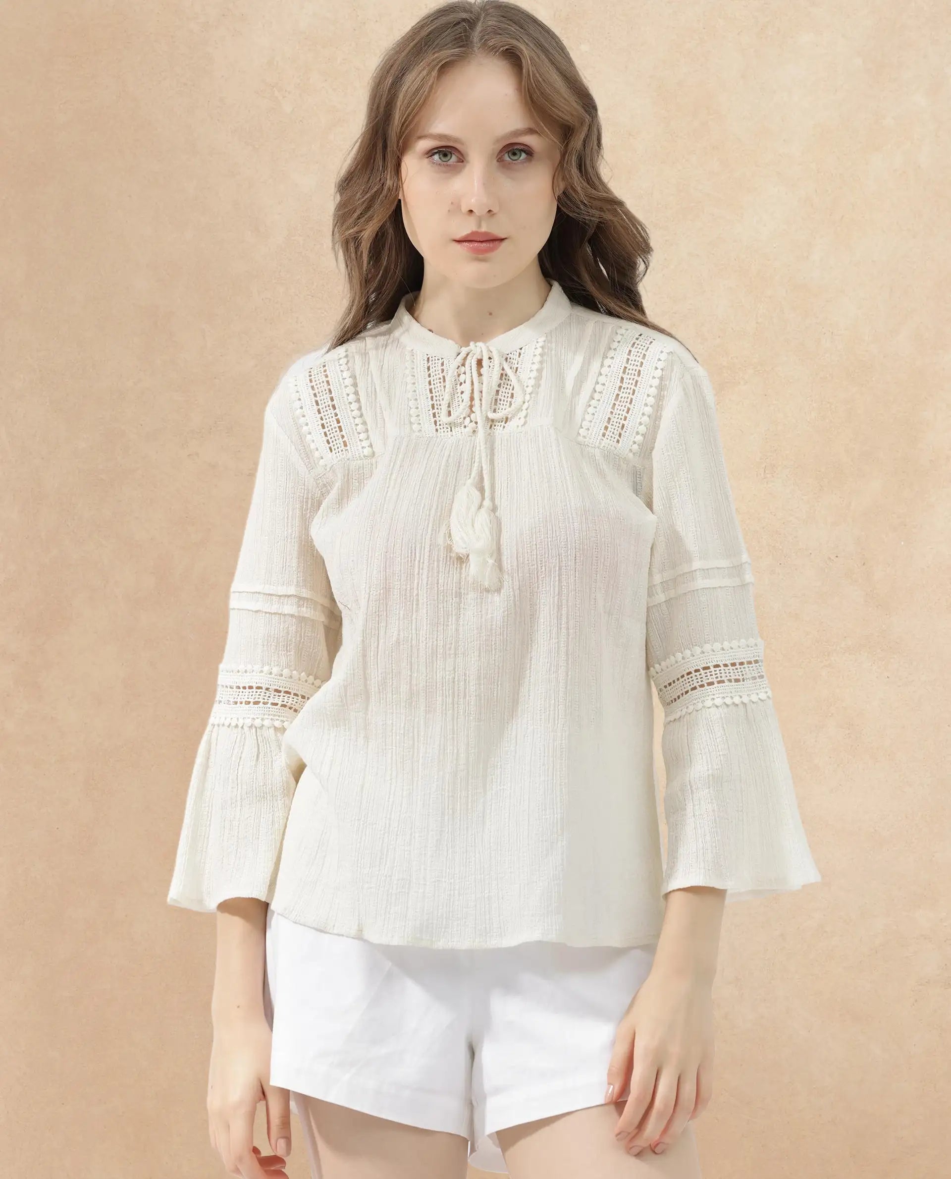 Rareism Women Alonzo Light Beige Cotton Fabric 3/4Th Sleeves Tie-Up Neck Regular Fit Plain Top