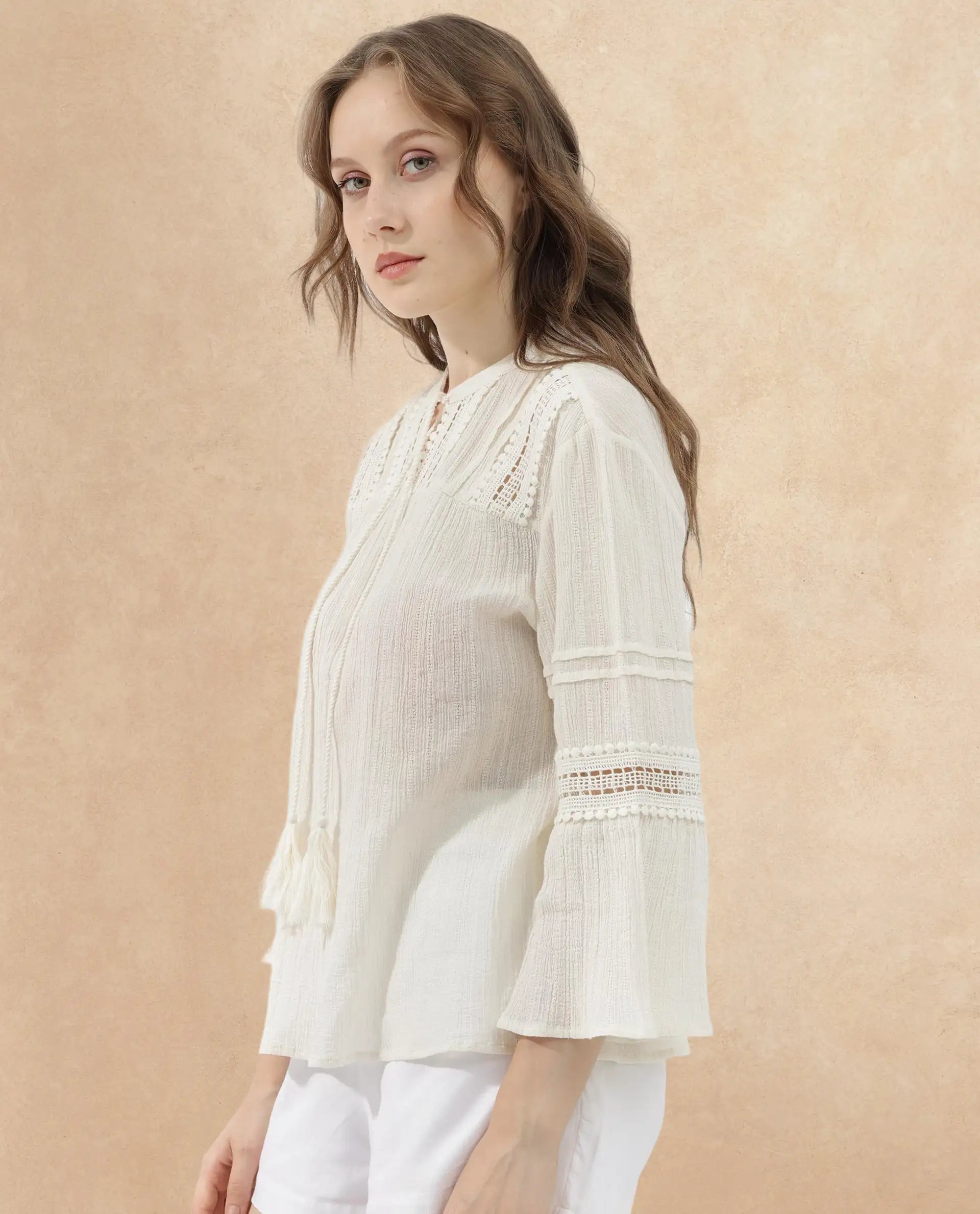 Rareism Women Alonzo Light Beige Cotton Fabric 3/4Th Sleeves Tie-Up Neck Regular Fit Plain Top