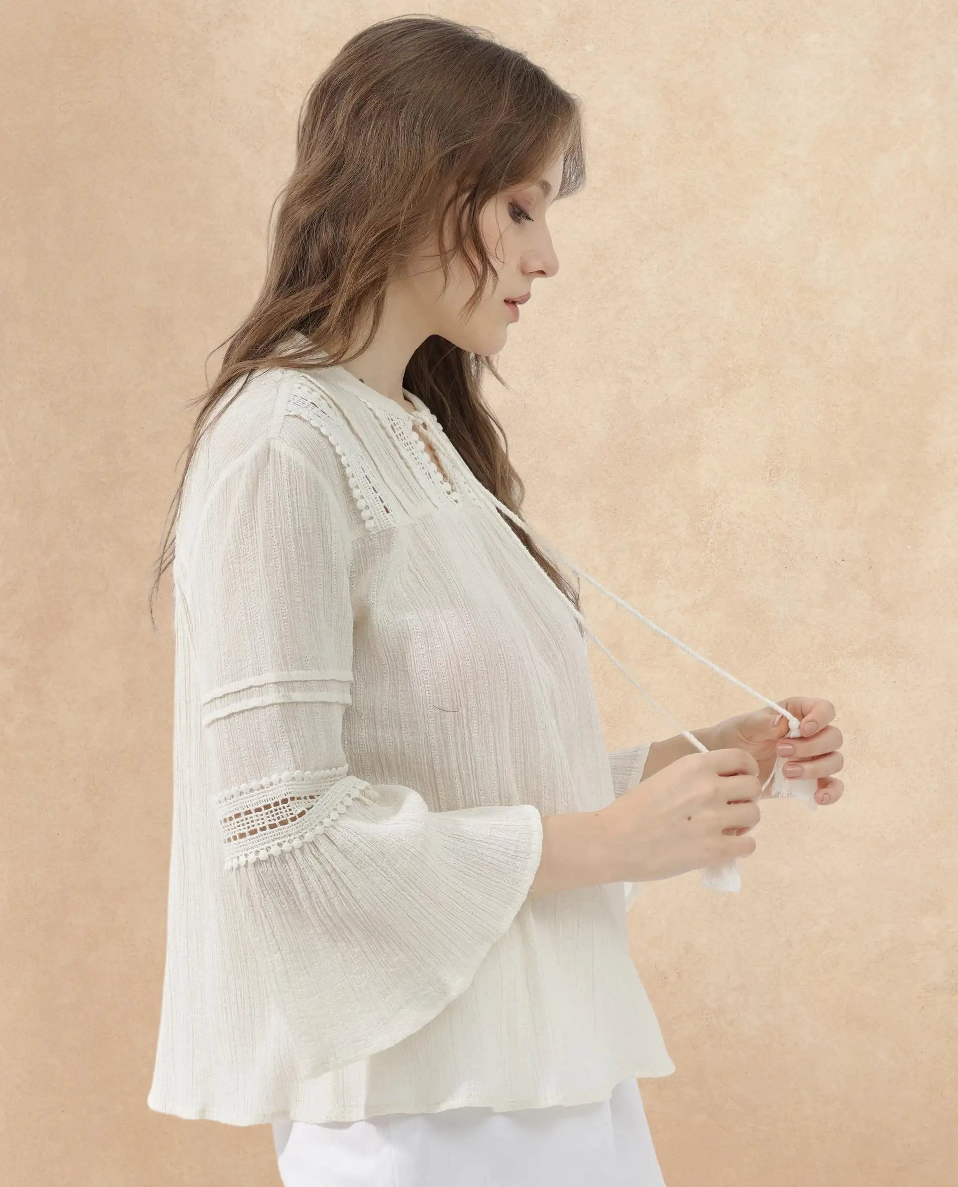 Rareism Women Alonzo Light Beige Cotton Fabric 3/4Th Sleeves Tie-Up Neck Regular Fit Plain Top