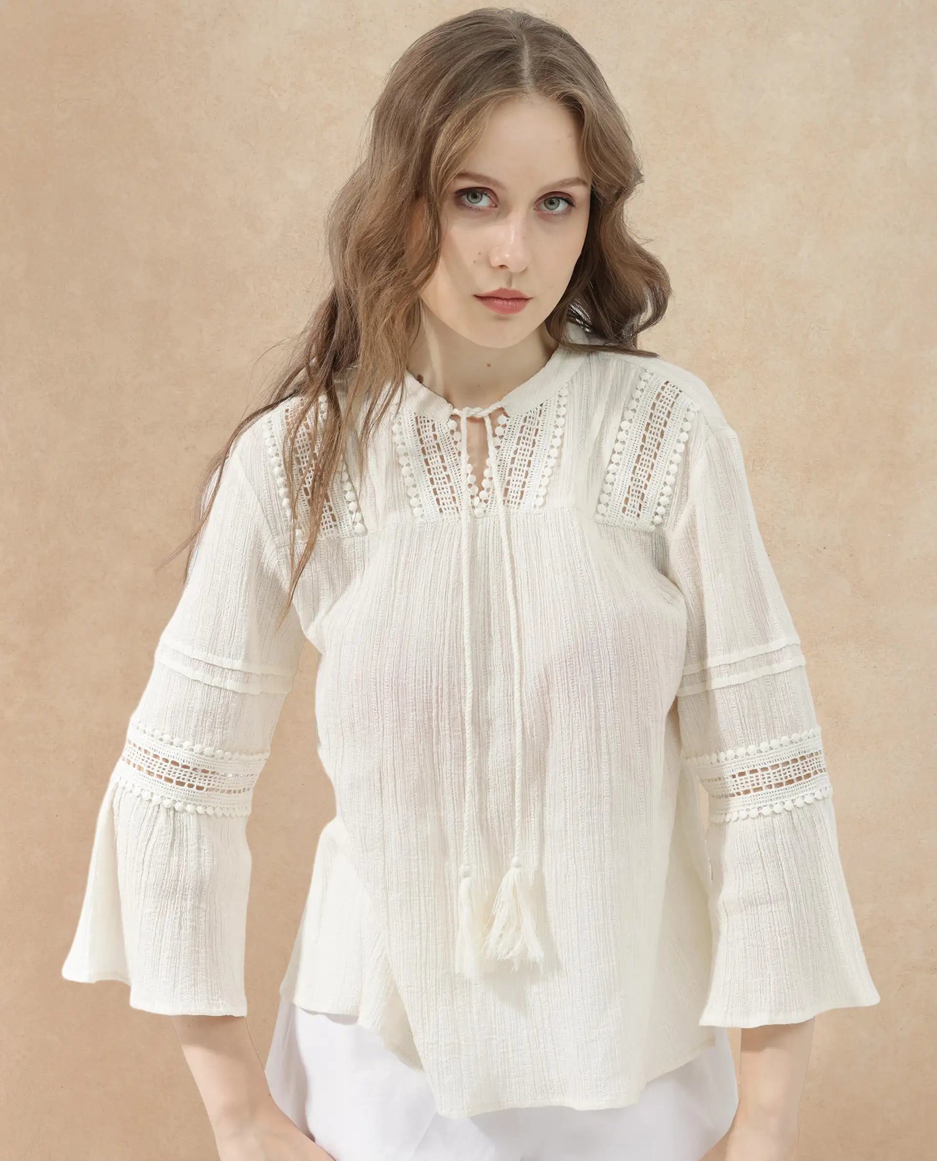 Rareism Women Alonzo Light Beige Cotton Fabric 3/4Th Sleeves Tie-Up Neck Regular Fit Plain Top