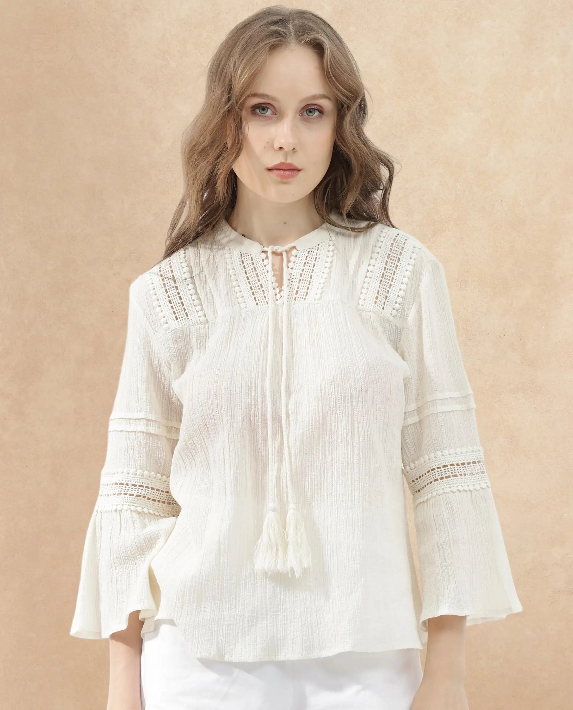 Rareism Women Alonzo Light Beige Cotton Fabric 3/4Th Sleeves Tie-Up Neck Regular Fit Plain Top