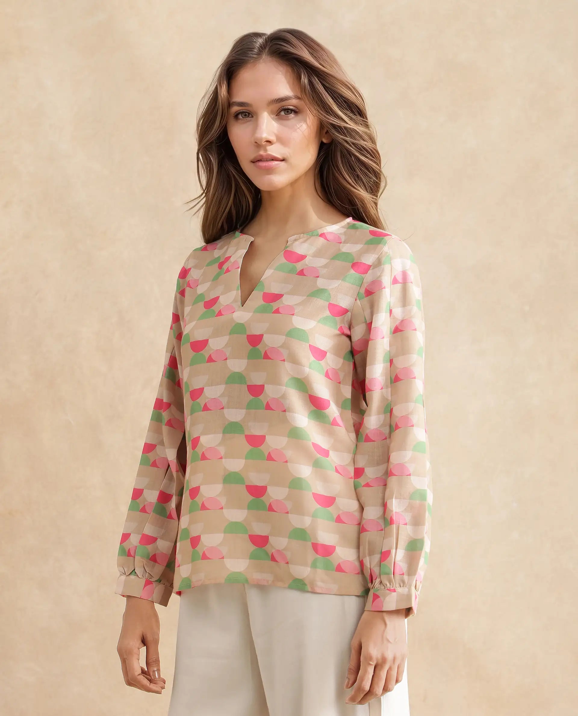 Rareism Women Amaris Multi Linen Fabric Full Sleeve V-Neck Button Closure Geometric Print Regular Fit Top