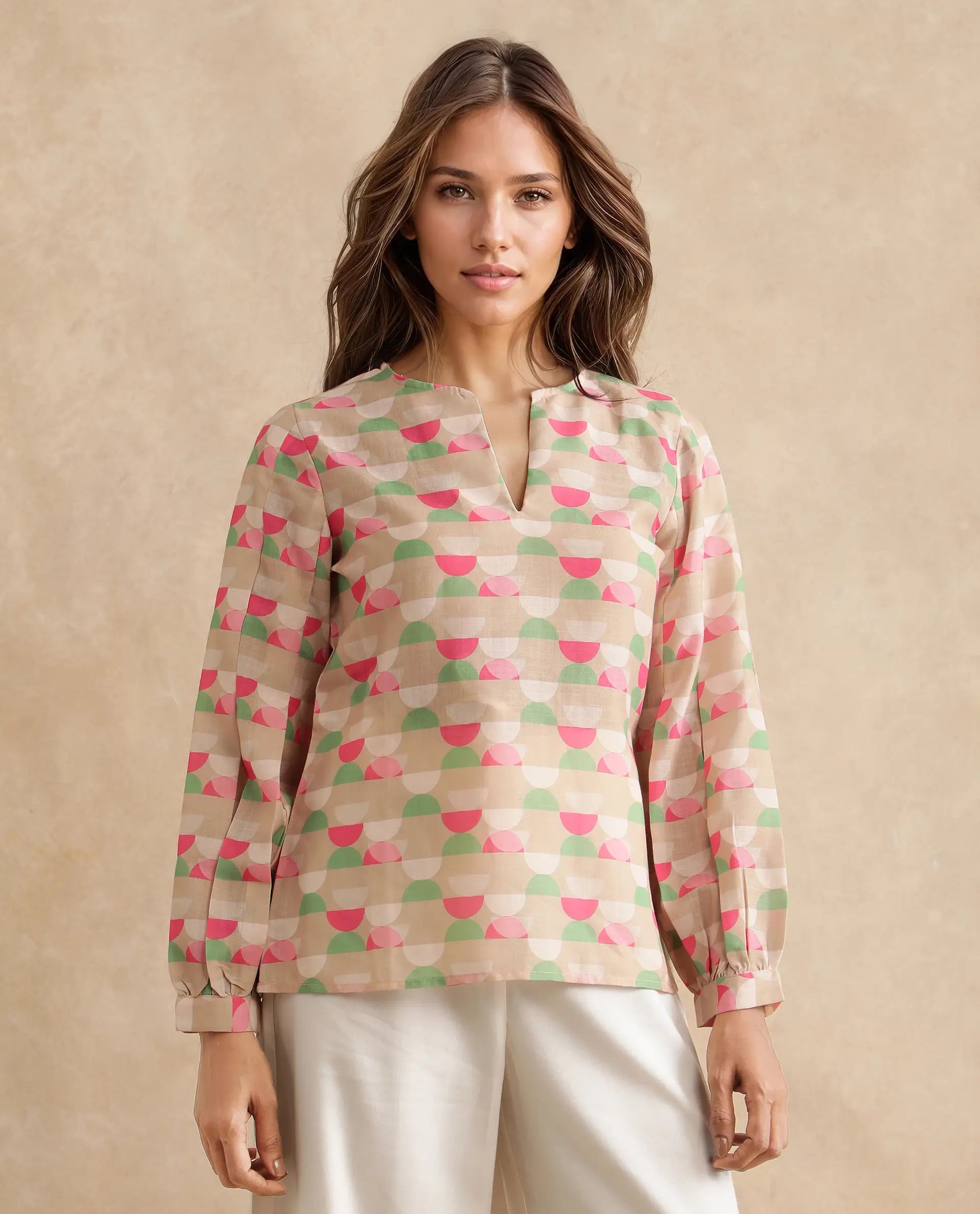 Rareism Women Amaris Multi Linen Fabric Full Sleeve V-Neck Button Closure Geometric Print Regular Fit Top