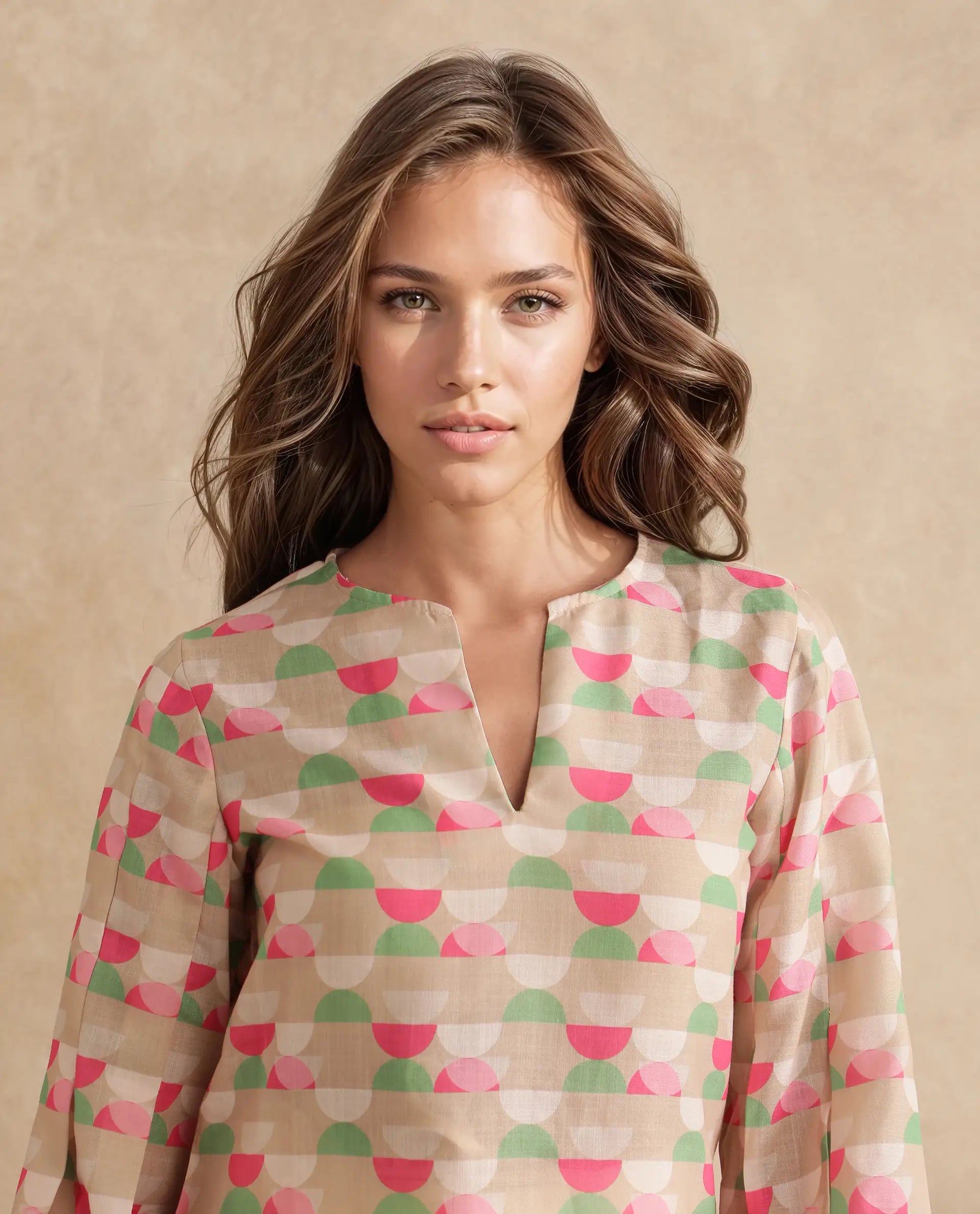 Rareism Women Amaris Multi Linen Fabric Full Sleeve V-Neck Button Closure Geometric Print Regular Fit Top