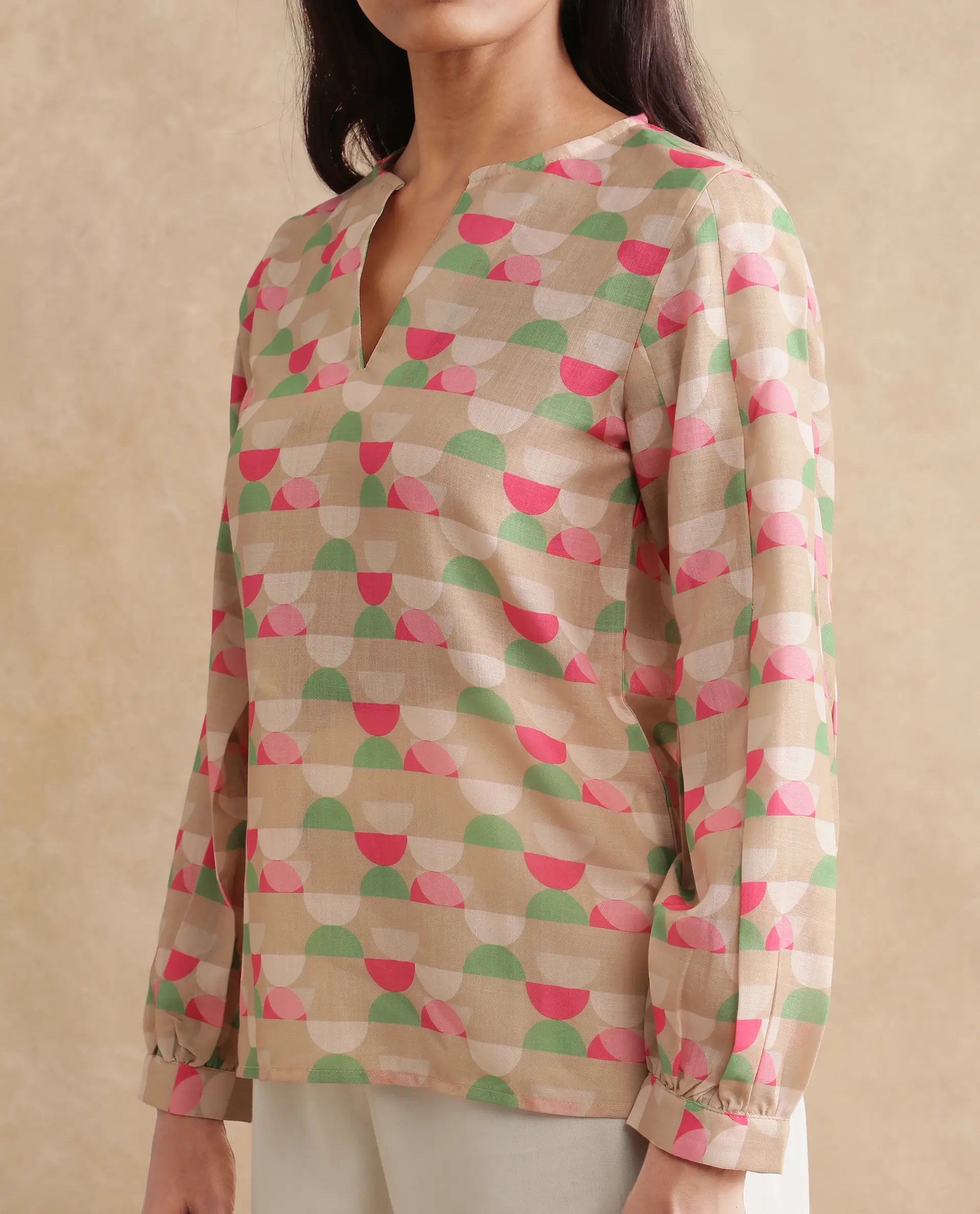 Rareism Women Amaris Multi Linen Fabric Full Sleeve V-Neck Button Closure Geometric Print Regular Fit Top