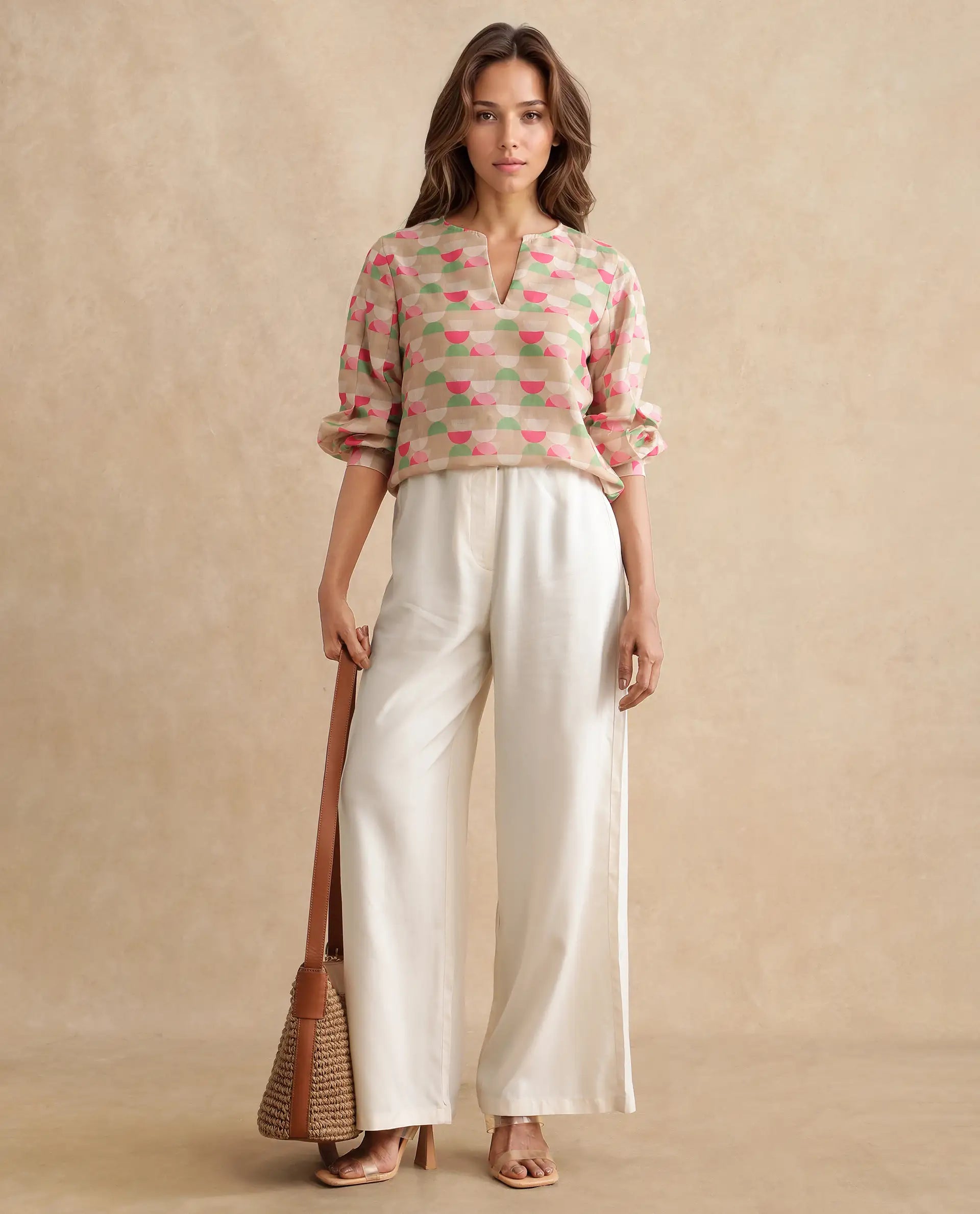 Rareism Women Amaris Multi Linen Fabric Full Sleeve V-Neck Button Closure Geometric Print Regular Fit Top