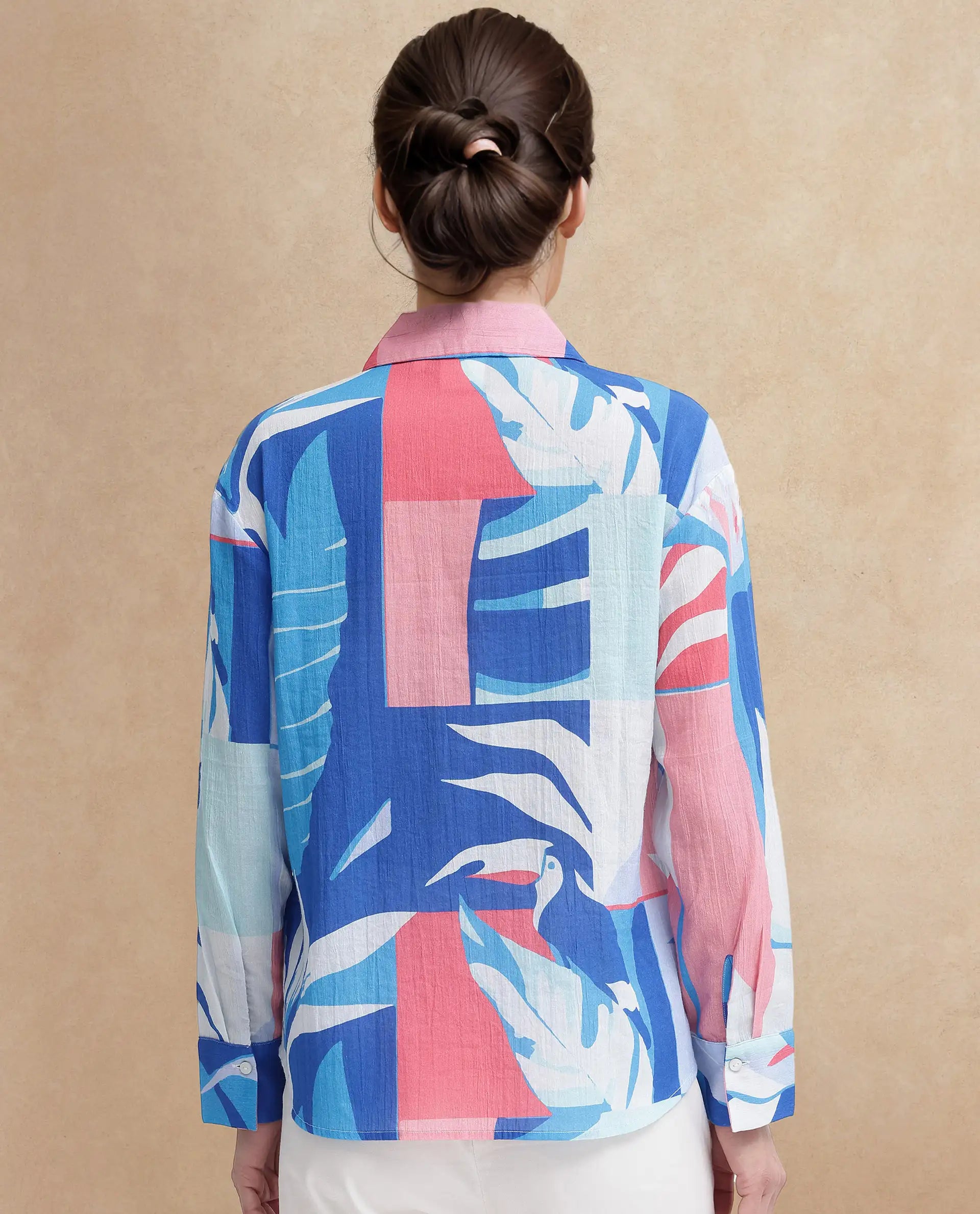 Rareism Women Apetit White Cotton Fabric Regular Sleeves Collared Neck Abstract Print Regular Length Top