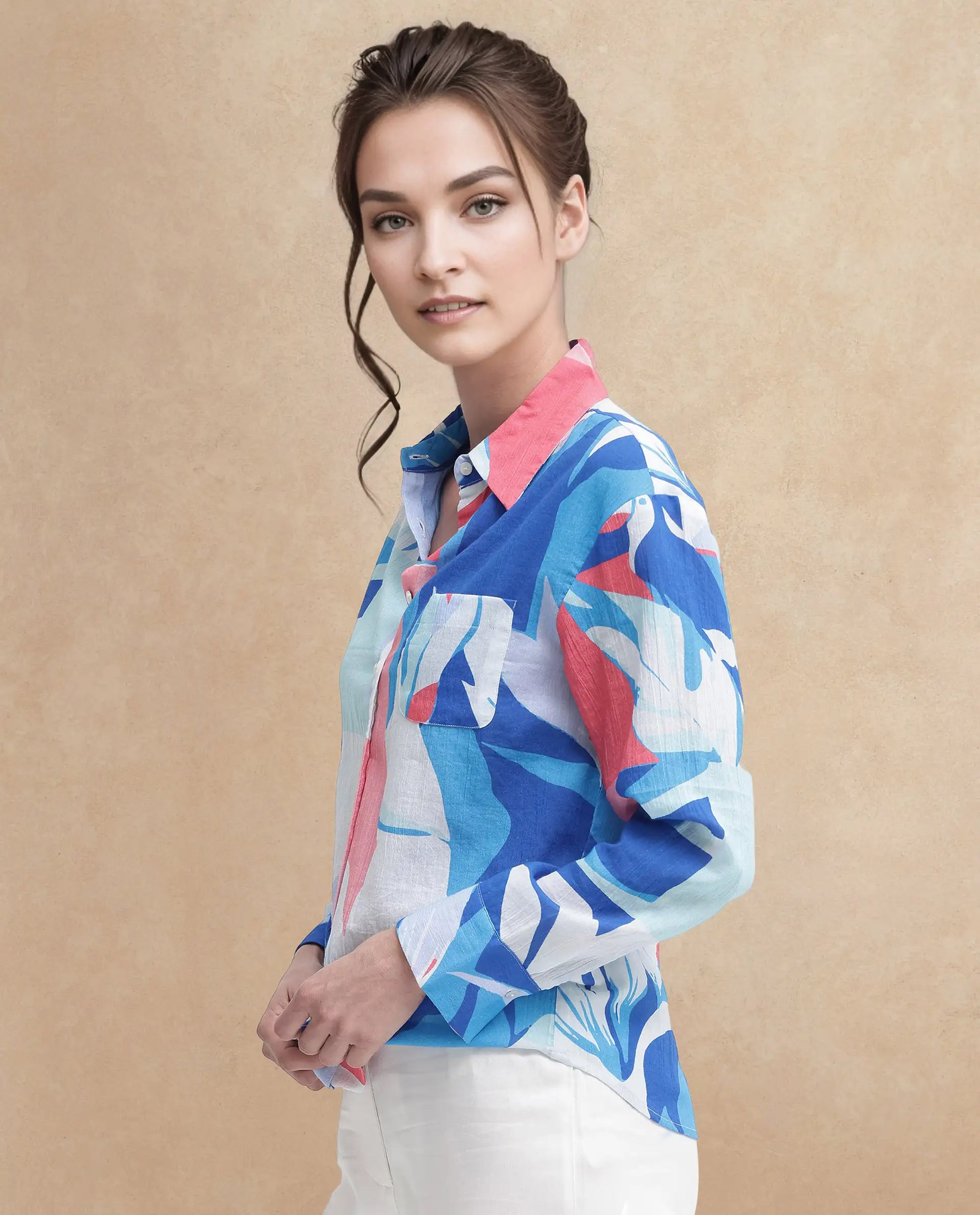 Rareism Women Apetit White Cotton Fabric Regular Sleeves Collared Neck Abstract Print Regular Length Top