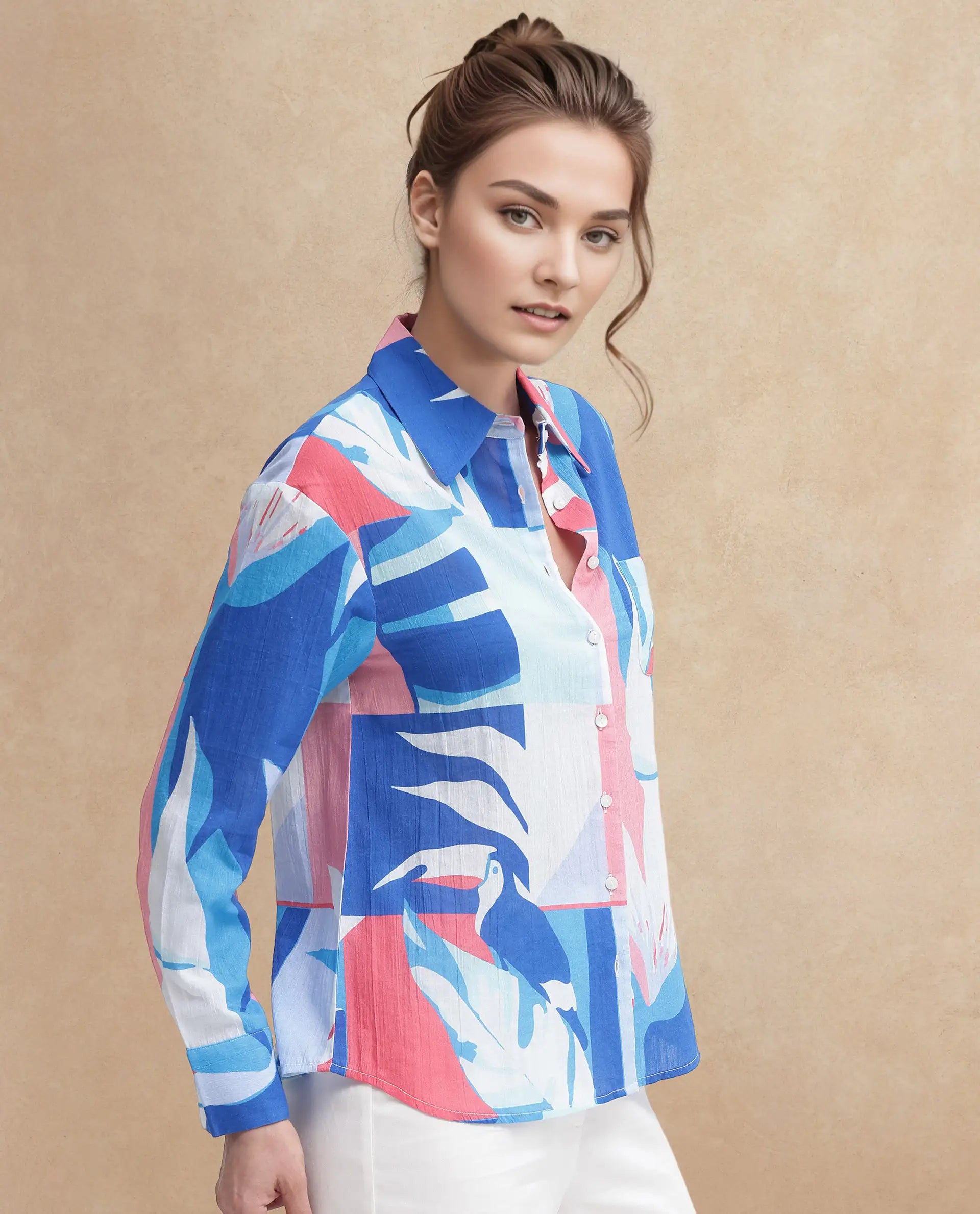 Rareism Women Apetit White Cotton Fabric Regular Sleeves Collared Neck Abstract Print Regular Length Top