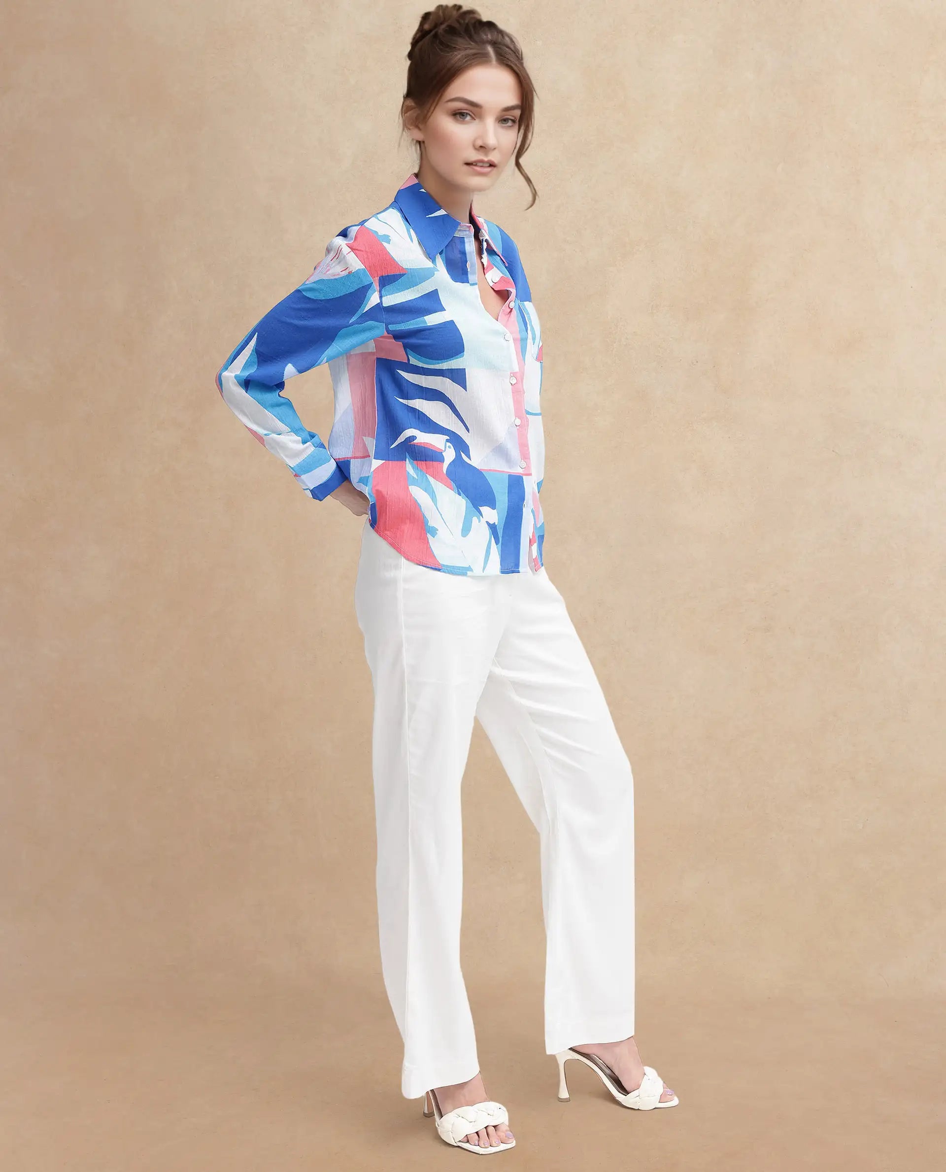 Rareism Women Apetit White Cotton Fabric Regular Sleeves Collared Neck Abstract Print Regular Length Top