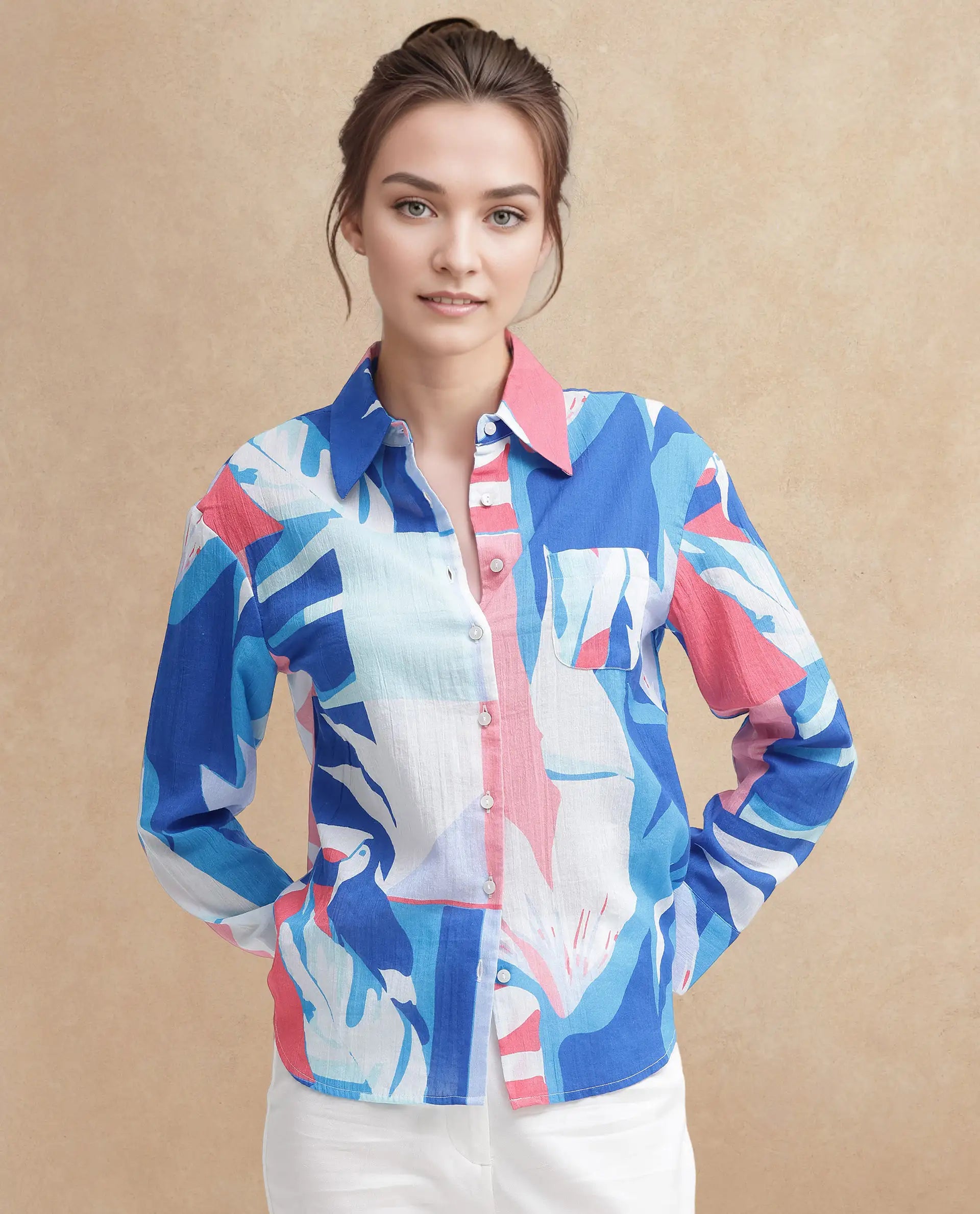 Rareism Women Apetit White Cotton Fabric Regular Sleeves Collared Neck Abstract Print Regular Length Top