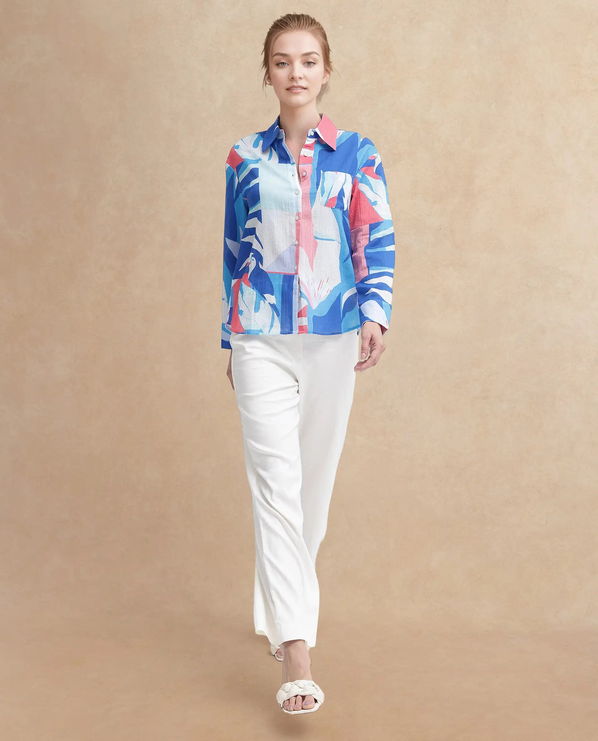 Rareism Women Apetit White Cotton Fabric Regular Sleeves Collared Neck Abstract Print Regular Length Top