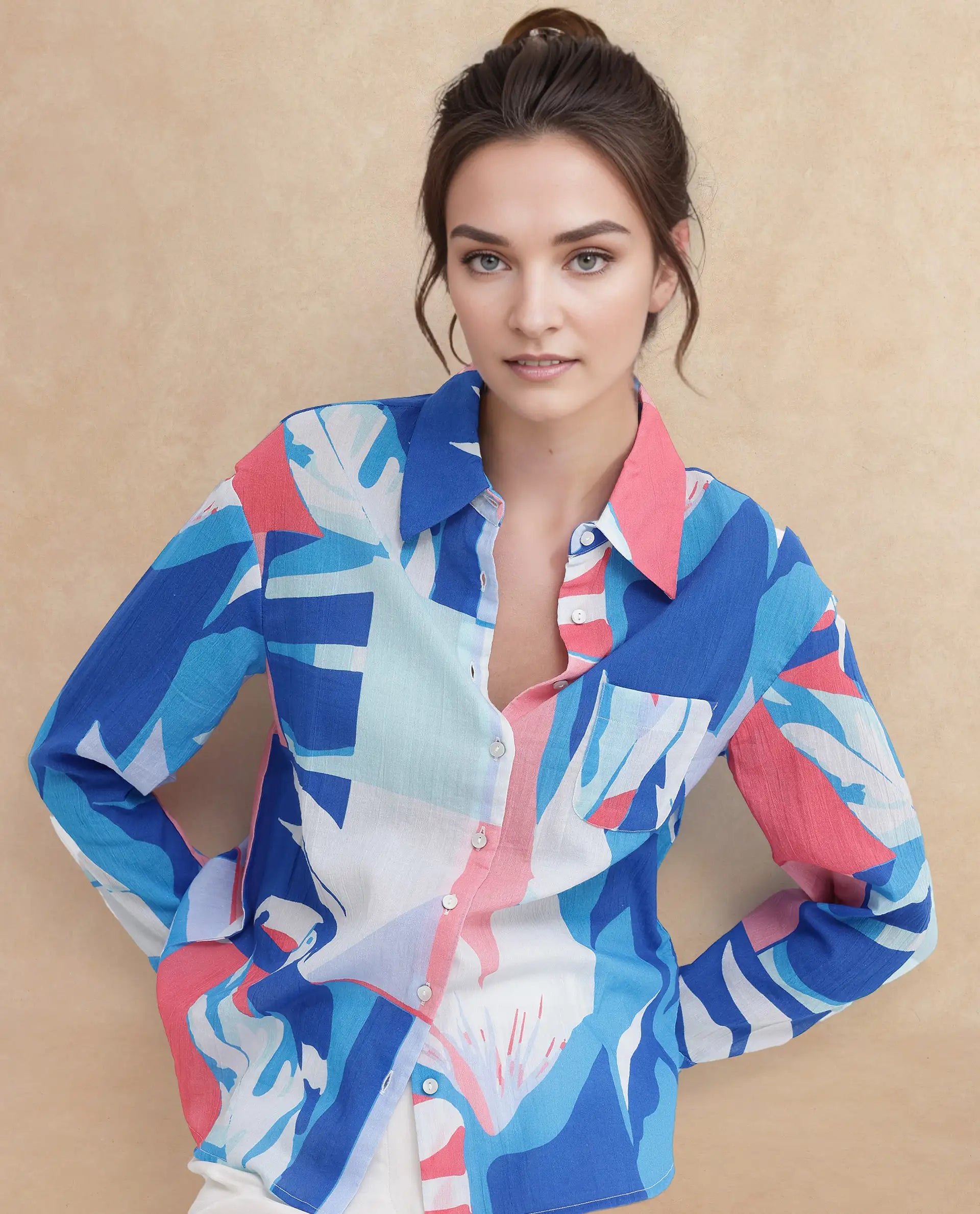 Rareism Women Apetit White Cotton Fabric Regular Sleeves Collared Neck Abstract Print Regular Length Top