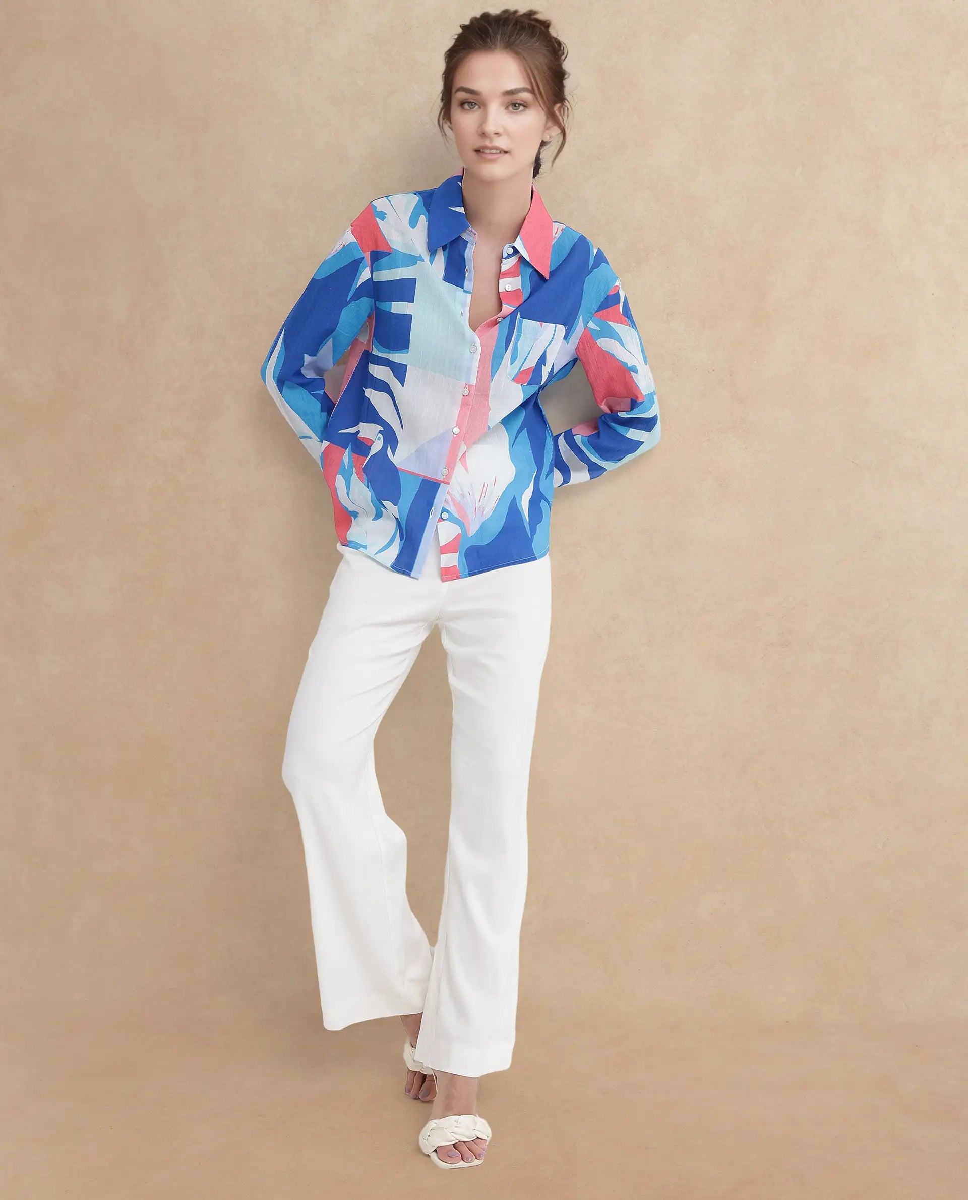 Rareism Women Apetit White Cotton Fabric Regular Sleeves Collared Neck Abstract Print Regular Length Top