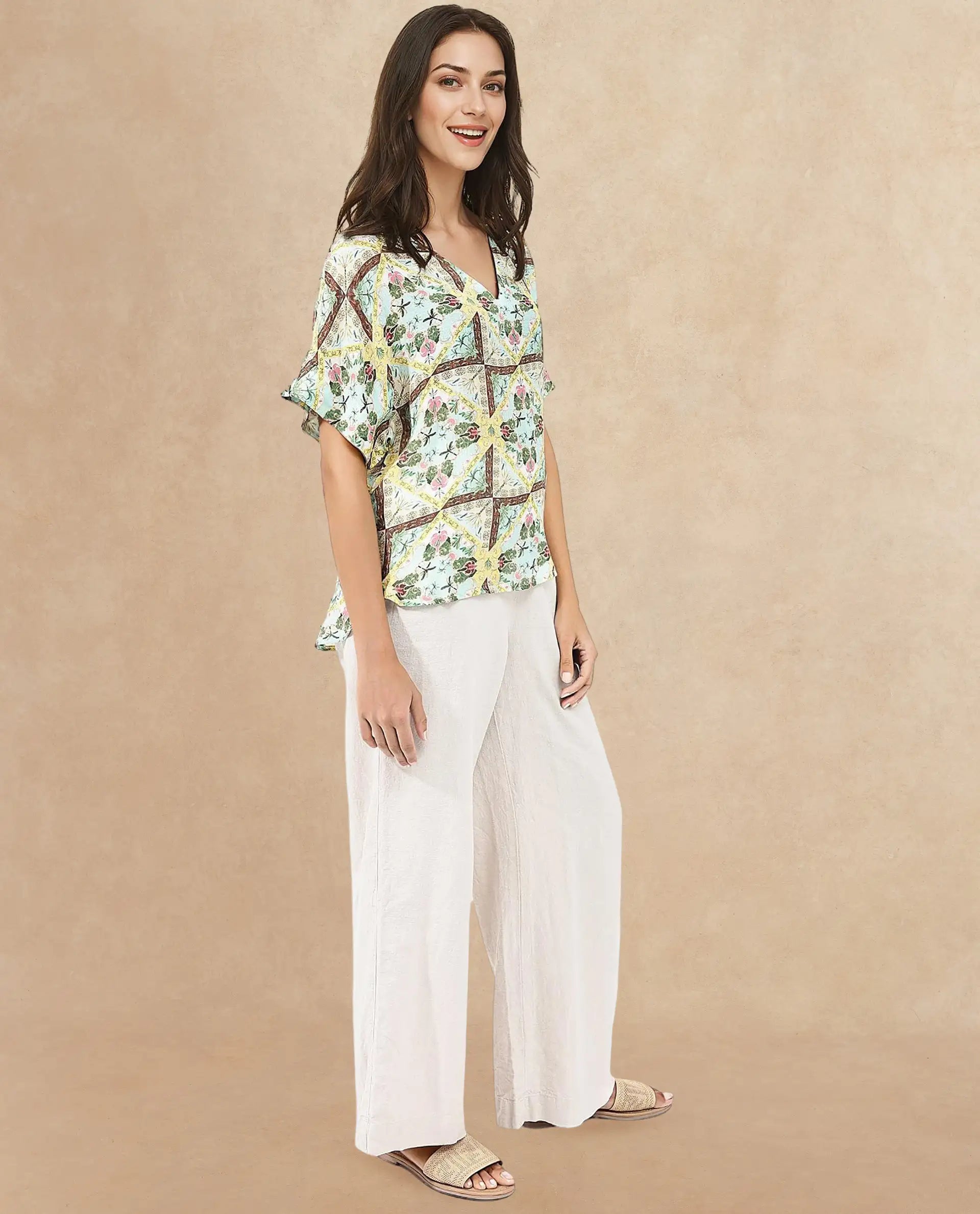 Rareism Women Archibal-T Multi Rayon Fabric Cap Sleeve V-Neck Abstract Print Regular Length Top