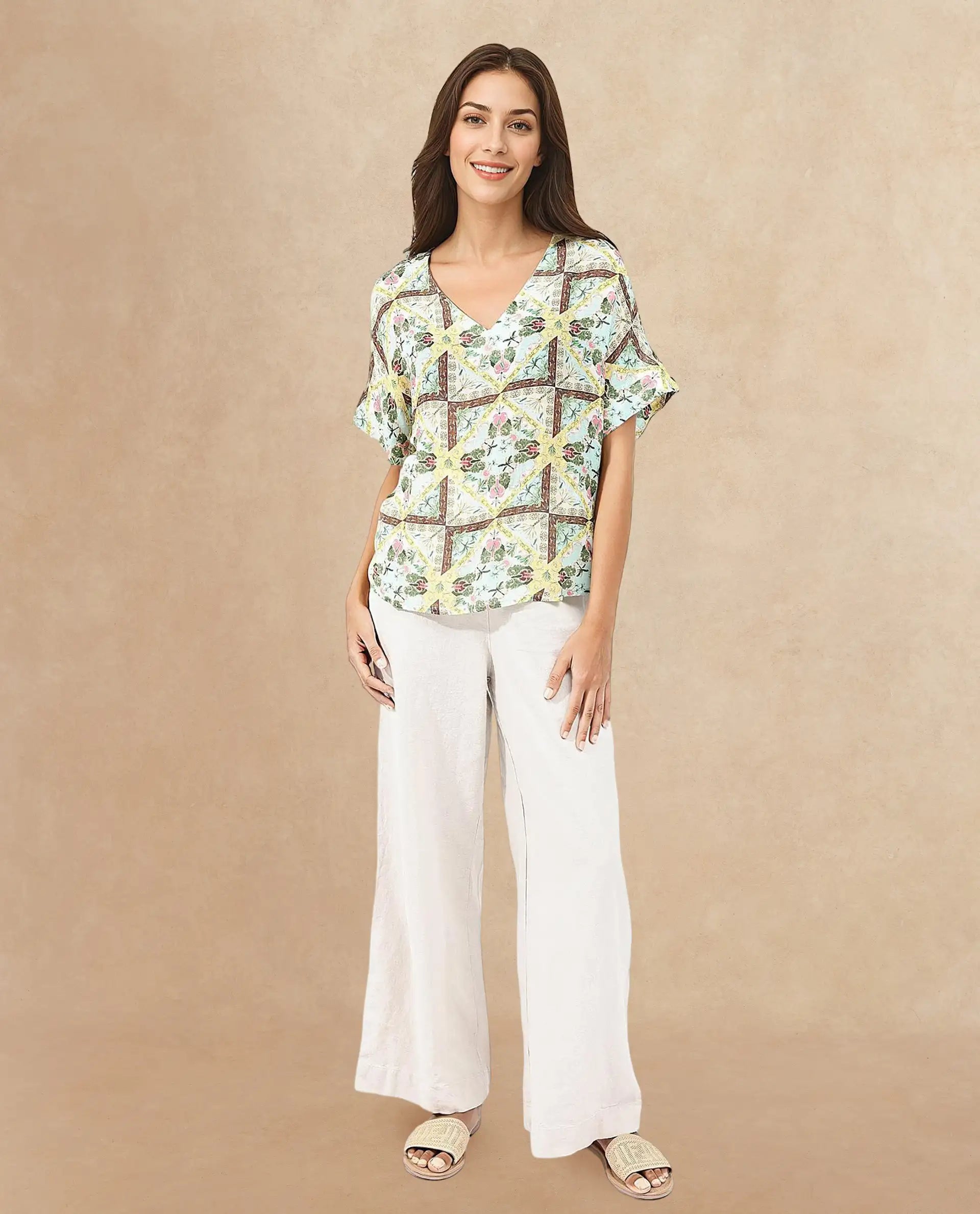 Rareism Women Archibal-T Multi Rayon Fabric Cap Sleeve V-Neck Abstract Print Regular Length Top