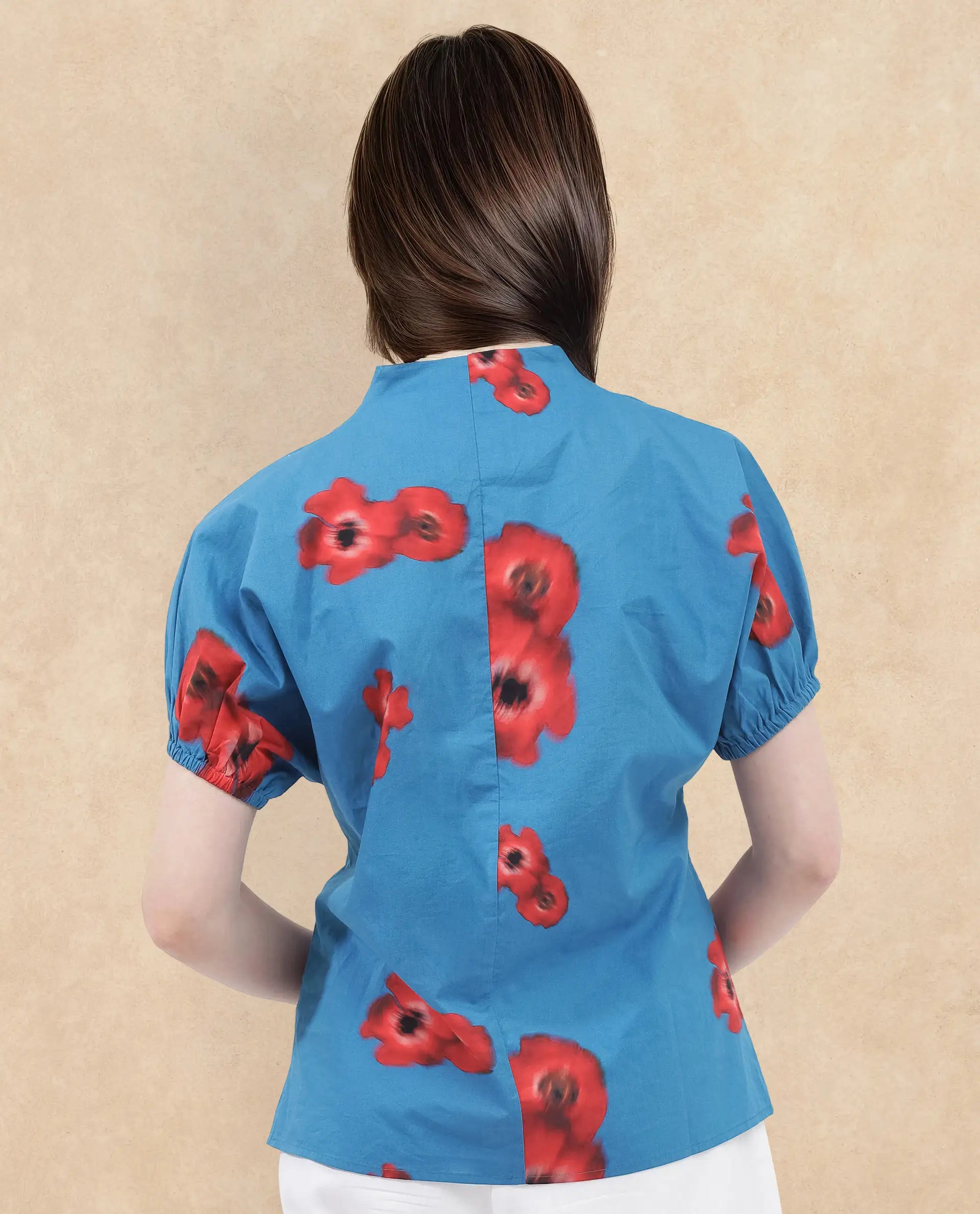 Rareism Women Archies Blue Cotton Fabric Short Sleeves V-Neck Floral Print Regular Fit Top