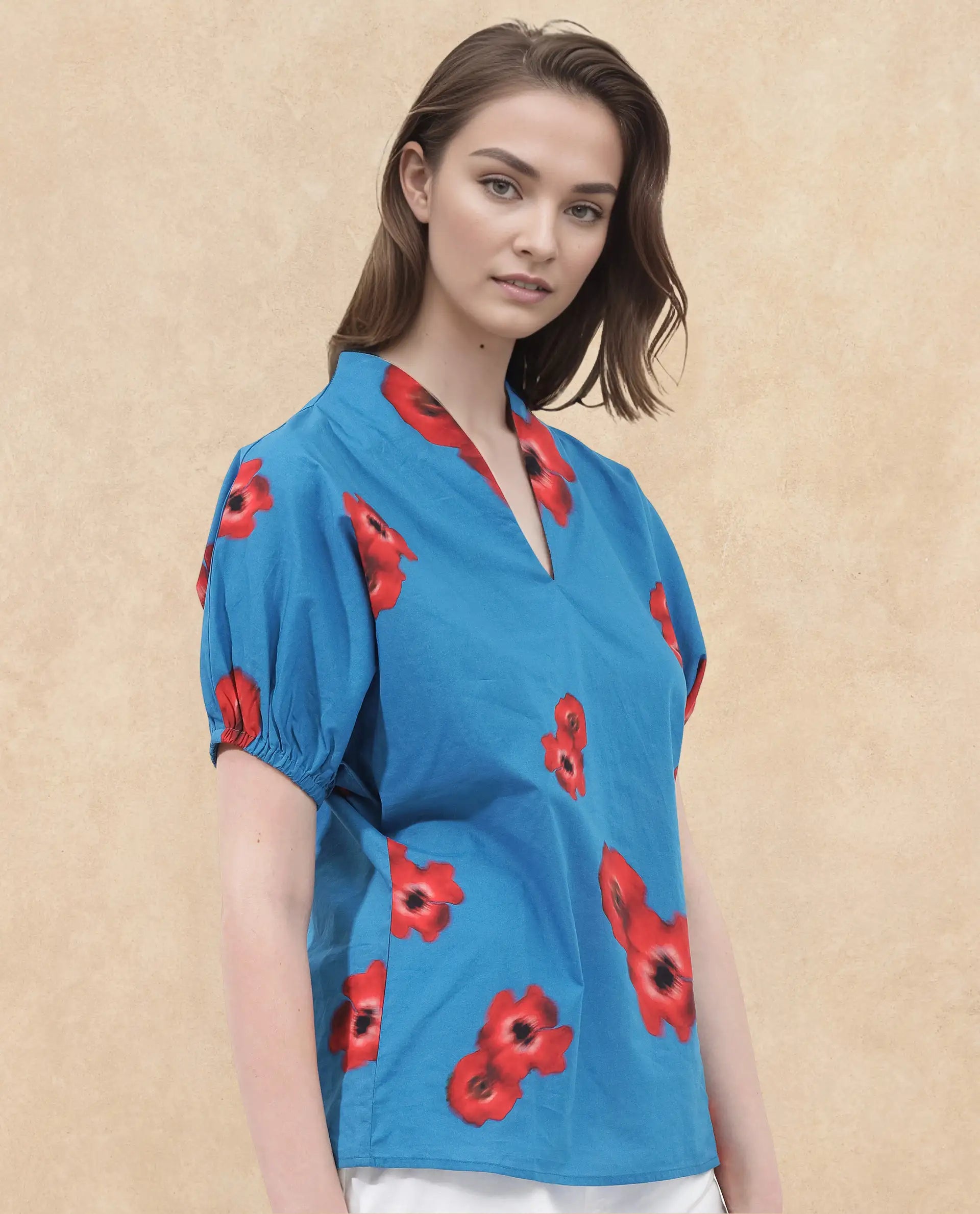 Rareism Women Archies Blue Cotton Fabric Short Sleeves V-Neck Floral Print Regular Fit Top