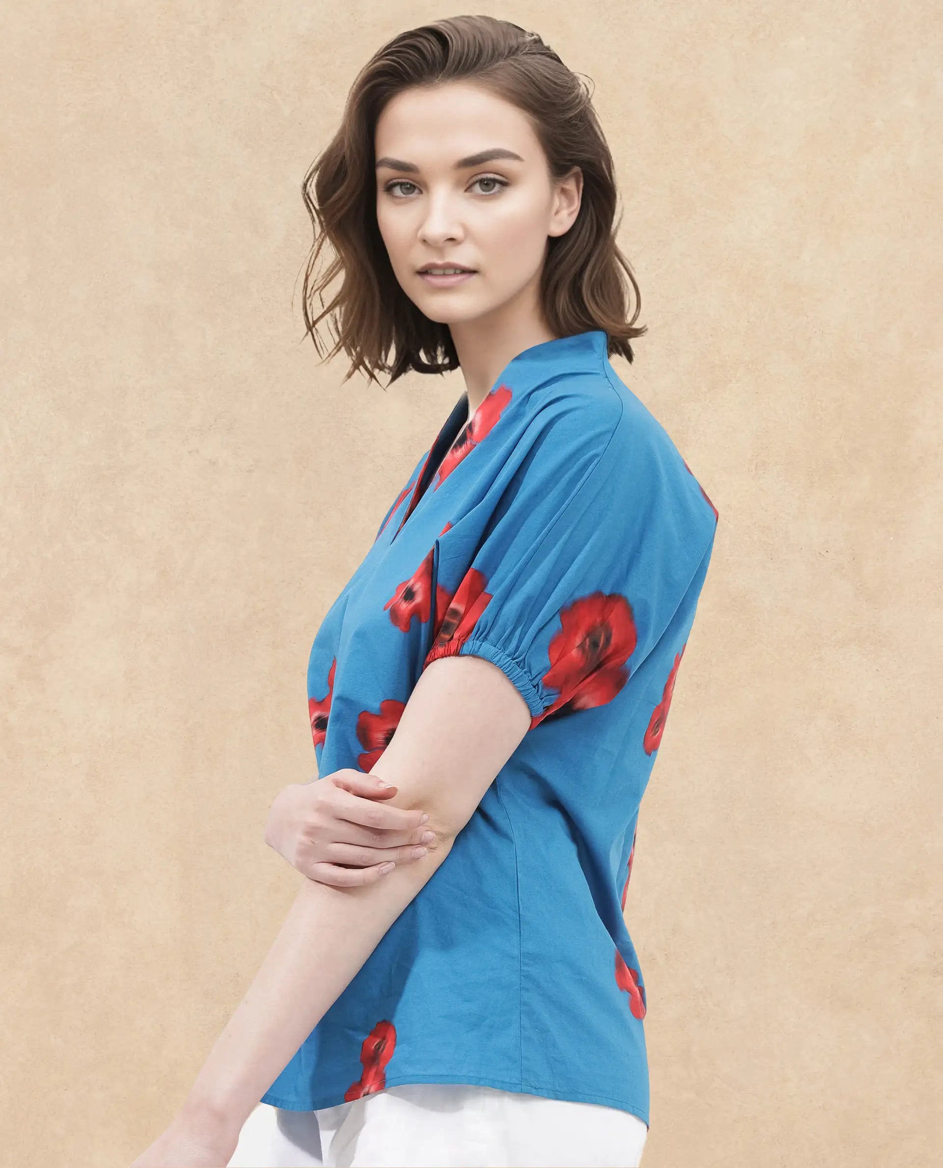 Rareism Women Archies Blue Cotton Fabric Short Sleeves V-Neck Floral Print Regular Fit Top