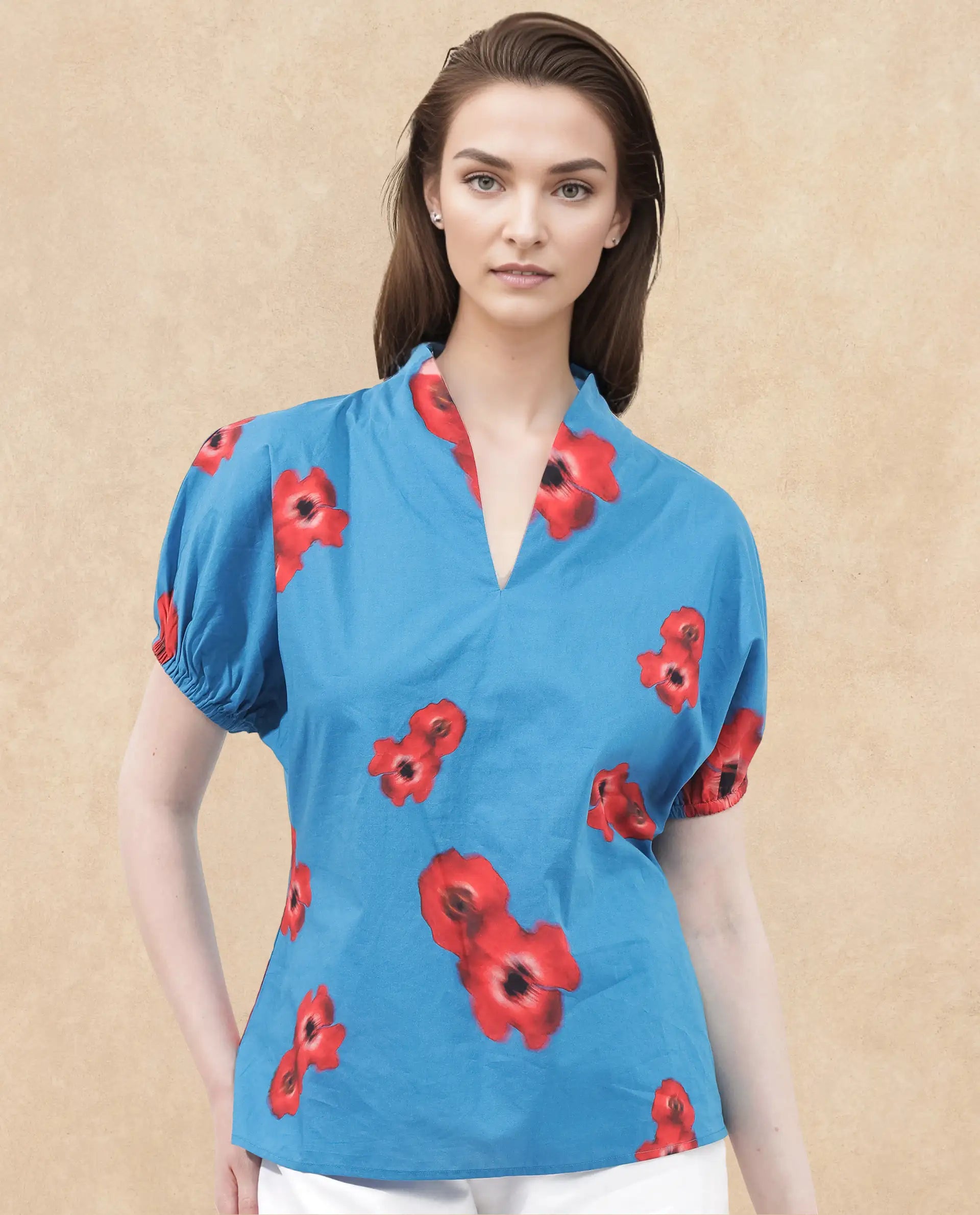 Rareism Women Archies Blue Cotton Fabric Short Sleeves V-Neck Floral Print Regular Fit Top