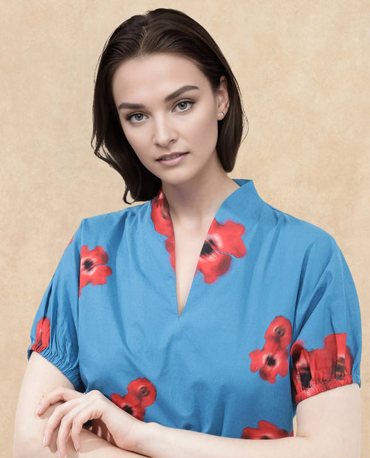 Rareism Women Archies Blue Cotton Fabric Short Sleeves V-Neck Floral Print Regular Fit Top