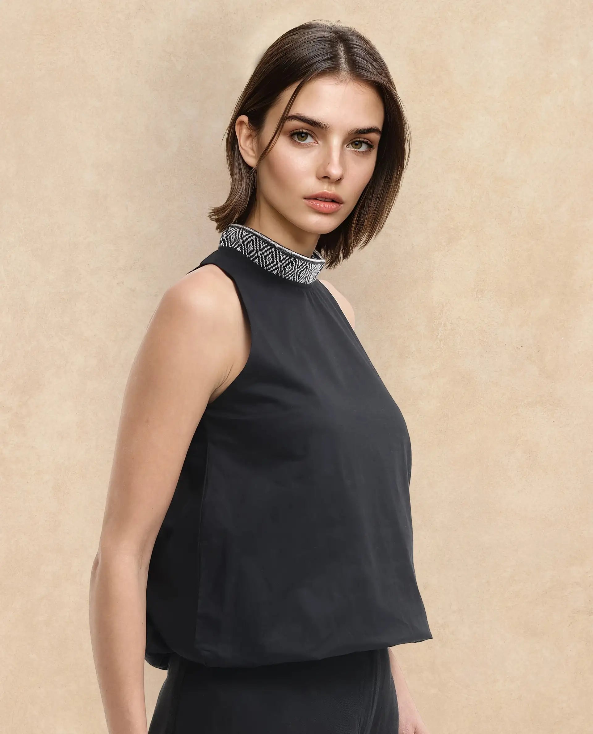 Rareism Women Arezzo-T Black Button Closure Sleeveless Mandarin Collar Balloon Fit Plain Top