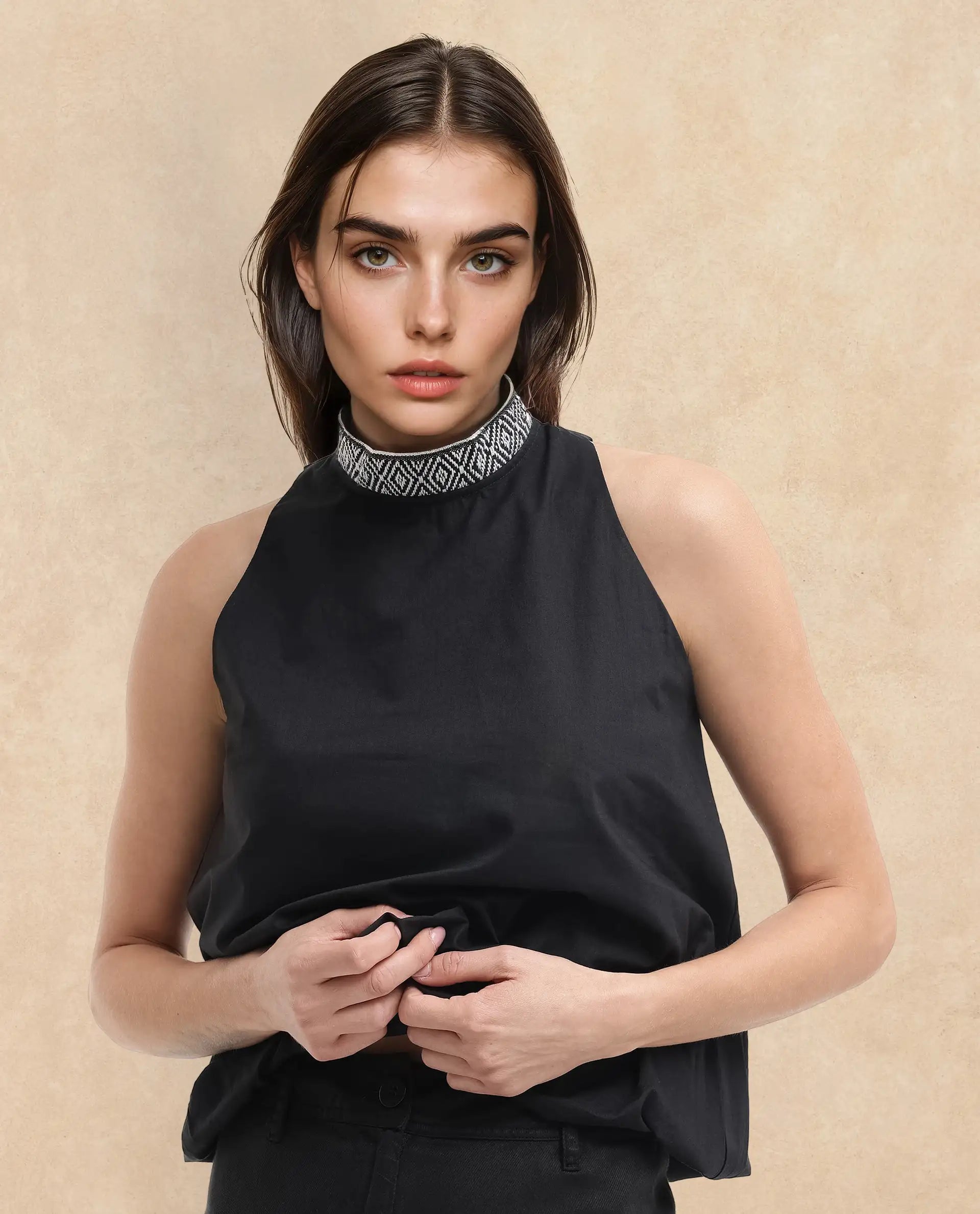 Rareism Women Arezzo-T Black Button Closure Sleeveless Mandarin Collar Balloon Fit Plain Top