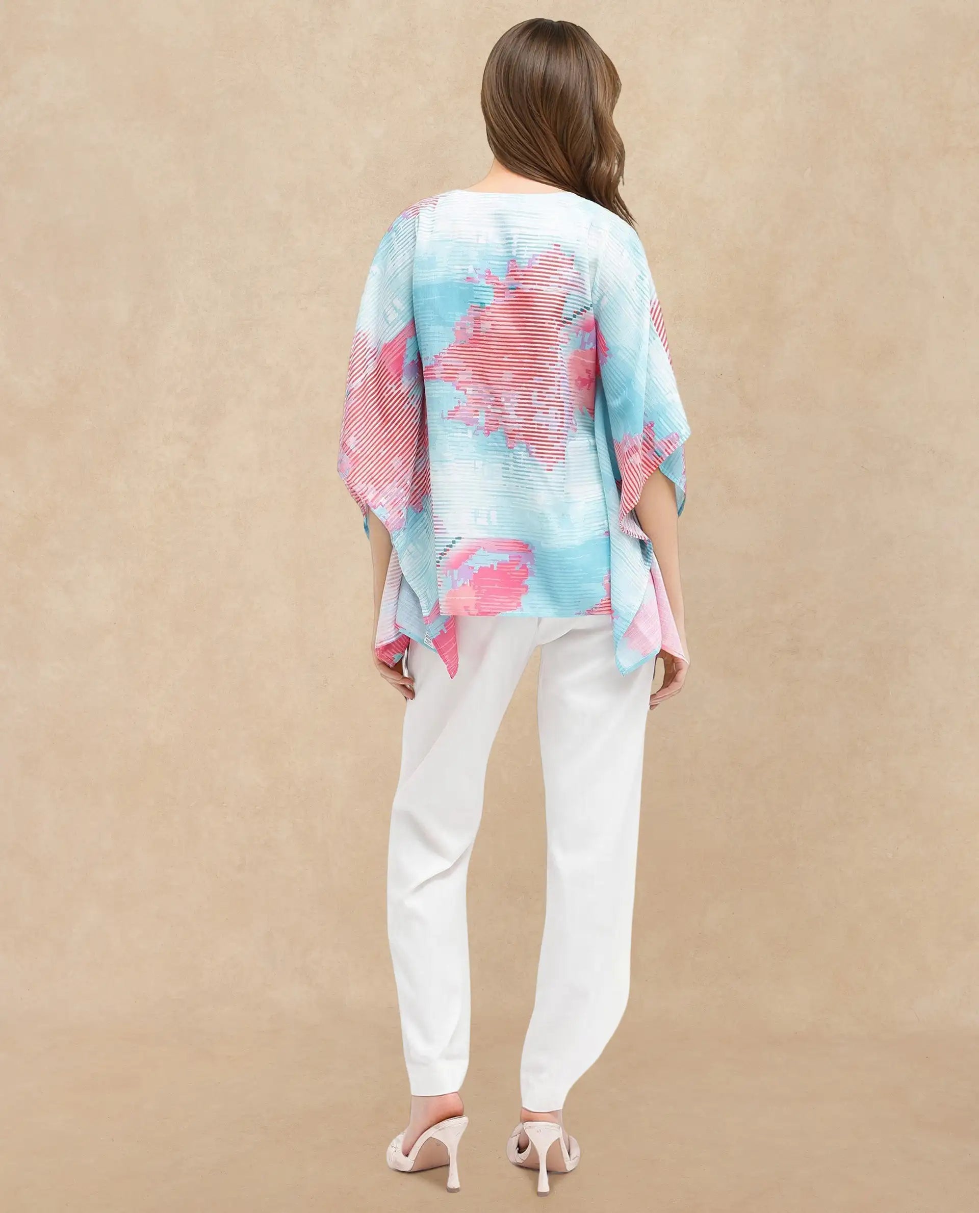 Rareism Women Arial Light Blue Linen Abstract Print V-Neck Top