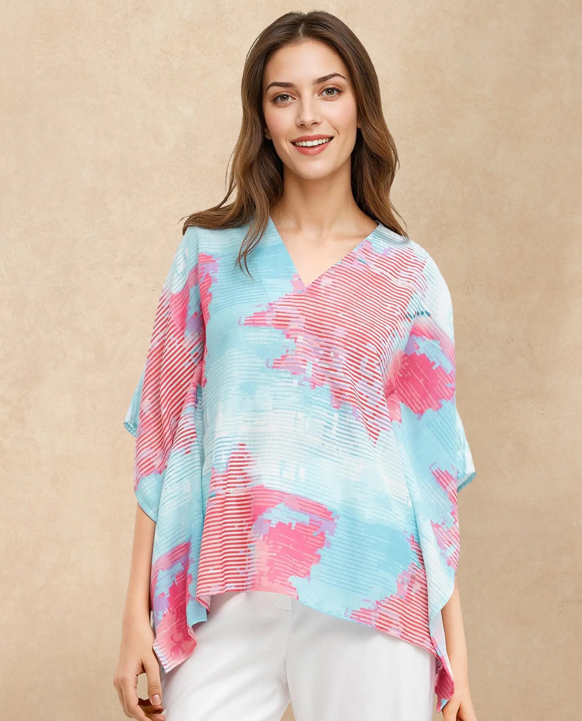 Rareism Women Arial Light Blue Linen Abstract Print V-Neck Top
