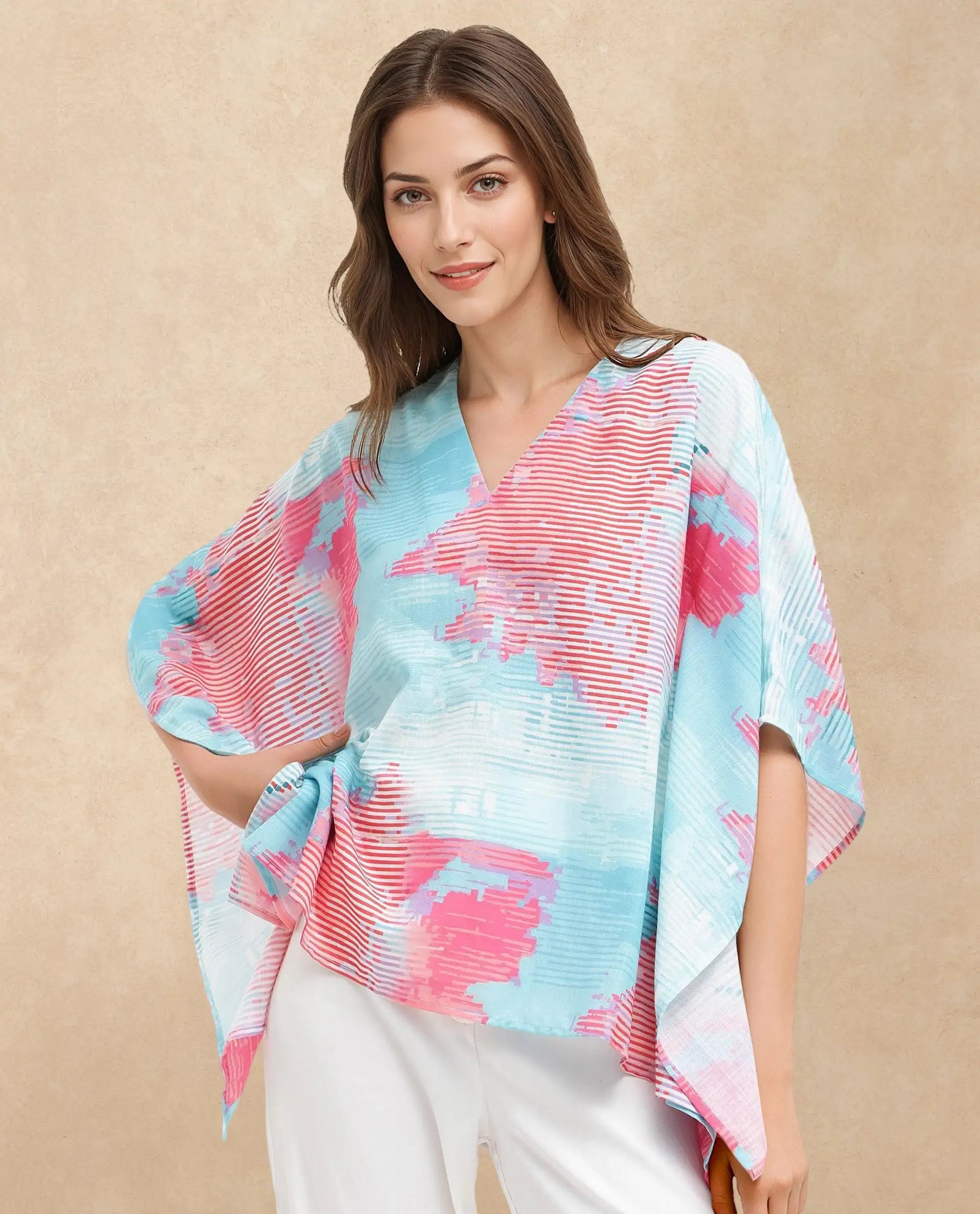 Rareism Women Arial Light Blue Linen Abstract Print V-Neck Top