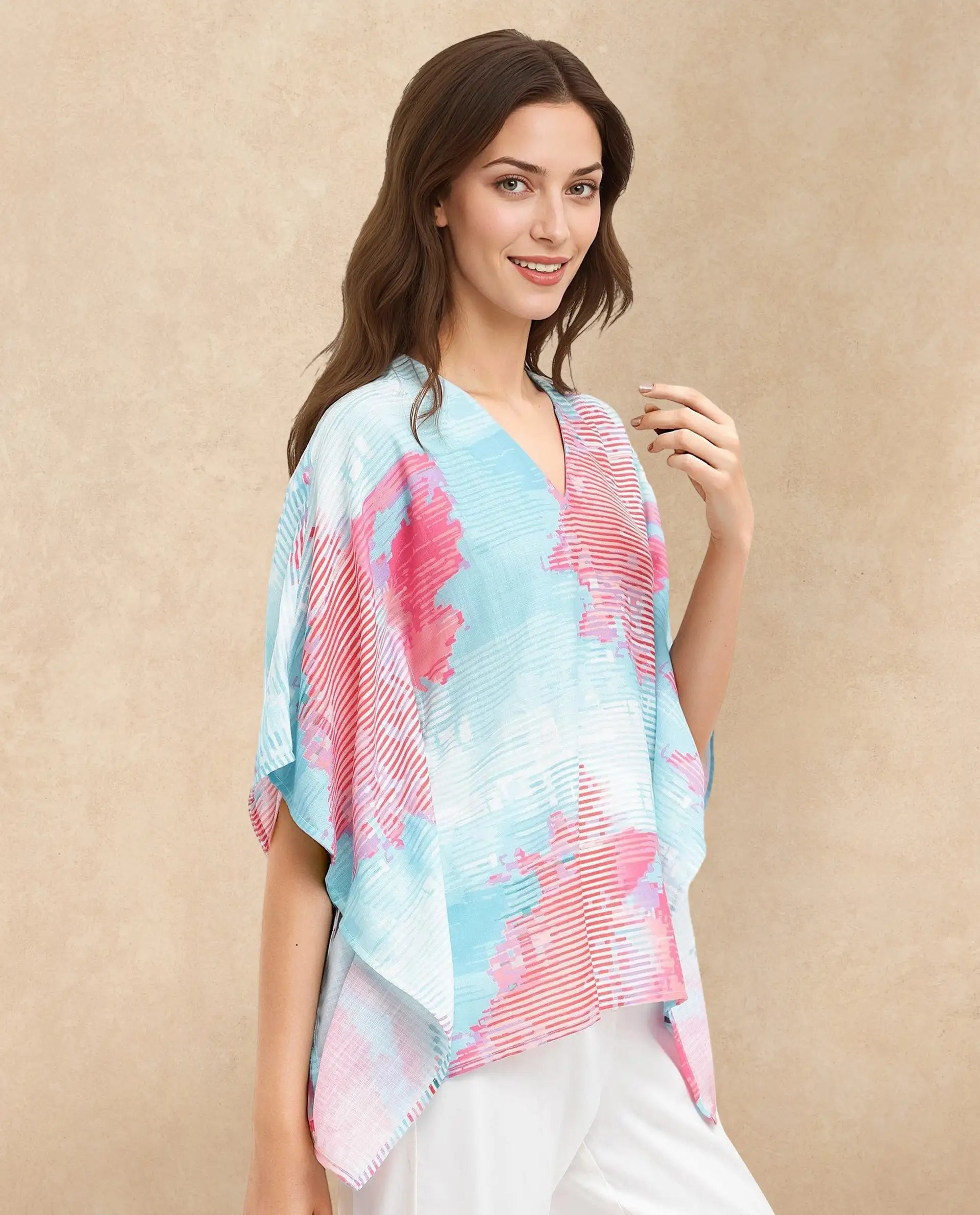 Rareism Women Arial Light Blue Linen Abstract Print V-Neck Top