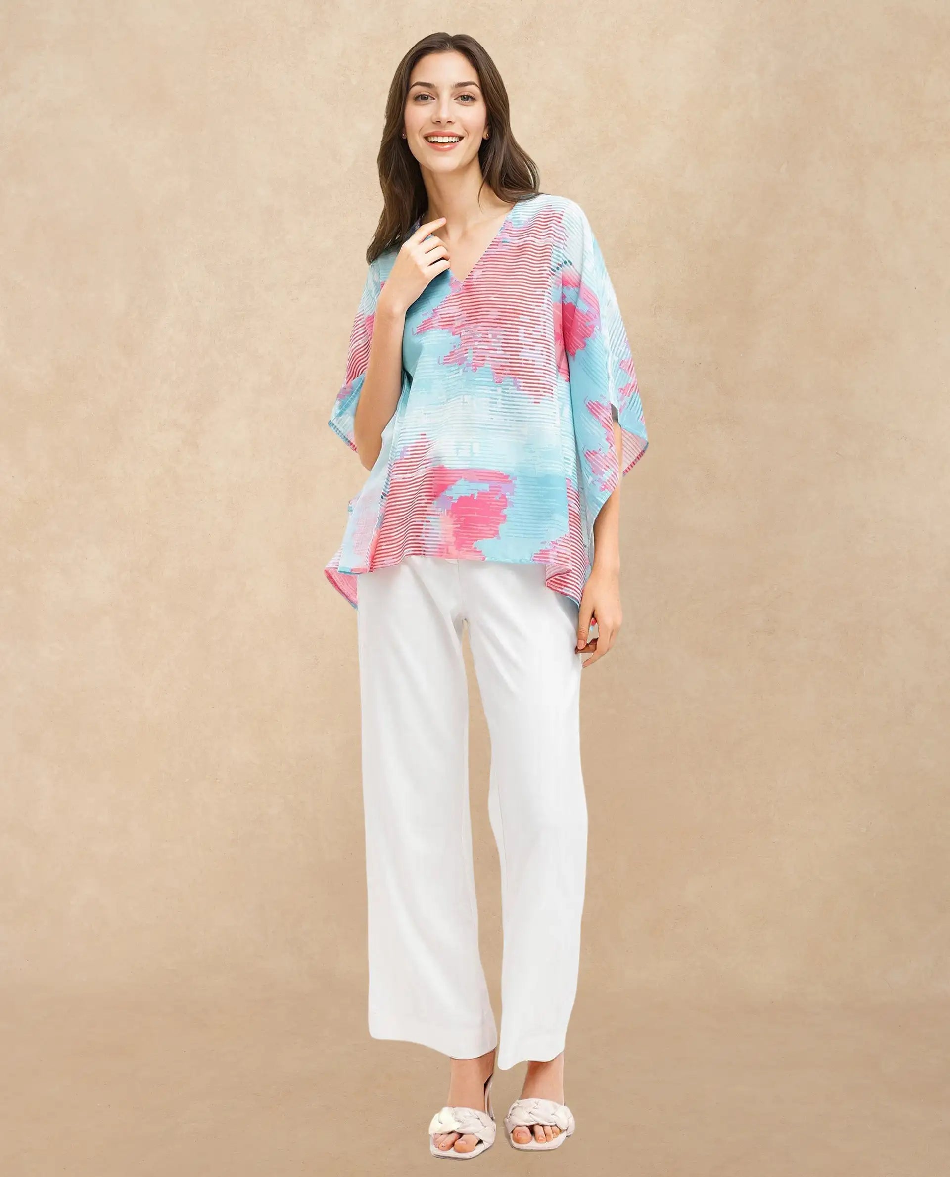 Rareism Women Arial Light Blue Linen Abstract Print V-Neck Top