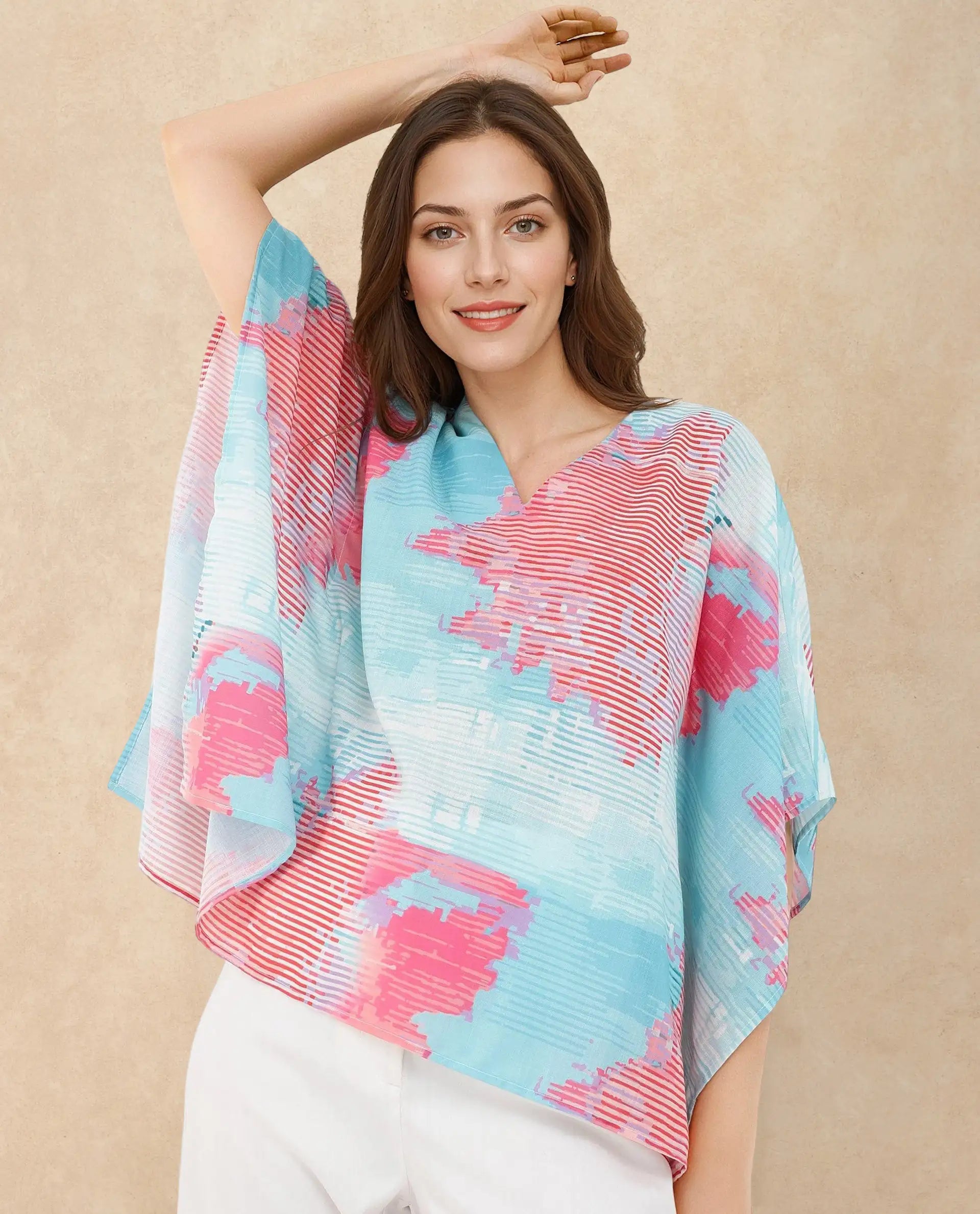 Rareism Women Arial Light Blue Linen Abstract Print V-Neck Top