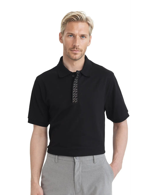 Rare Rabbit Men Arko Black Cotton Blend Fabric Short Sleeve Regular Collared with Jacquard Placket Button Closure Plain Polo T-Shirt