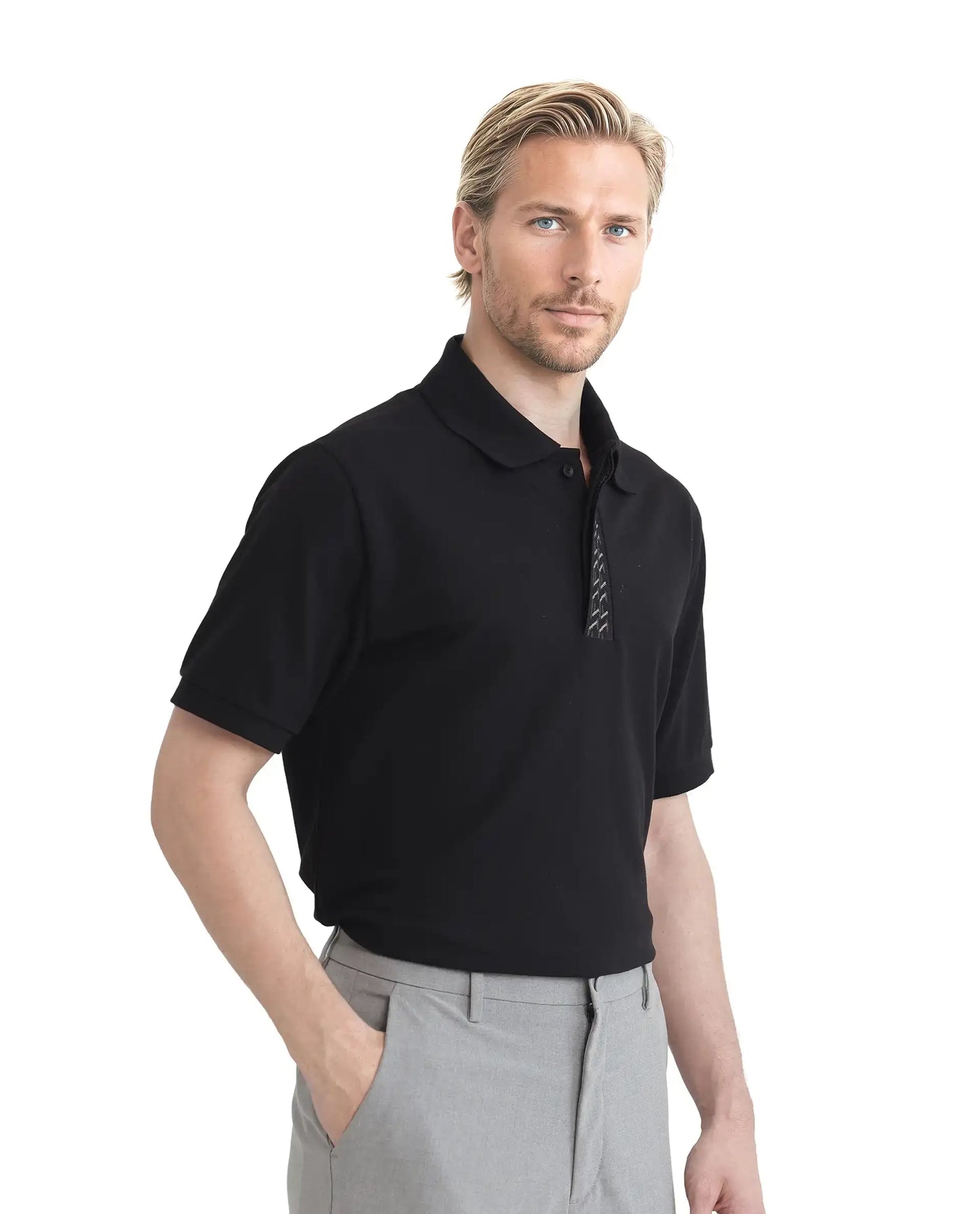 Rare Rabbit Men Arko Black Cotton Blend Fabric Short Sleeve Regular Collared with Jacquard Placket Button Closure Plain Polo T-Shirt