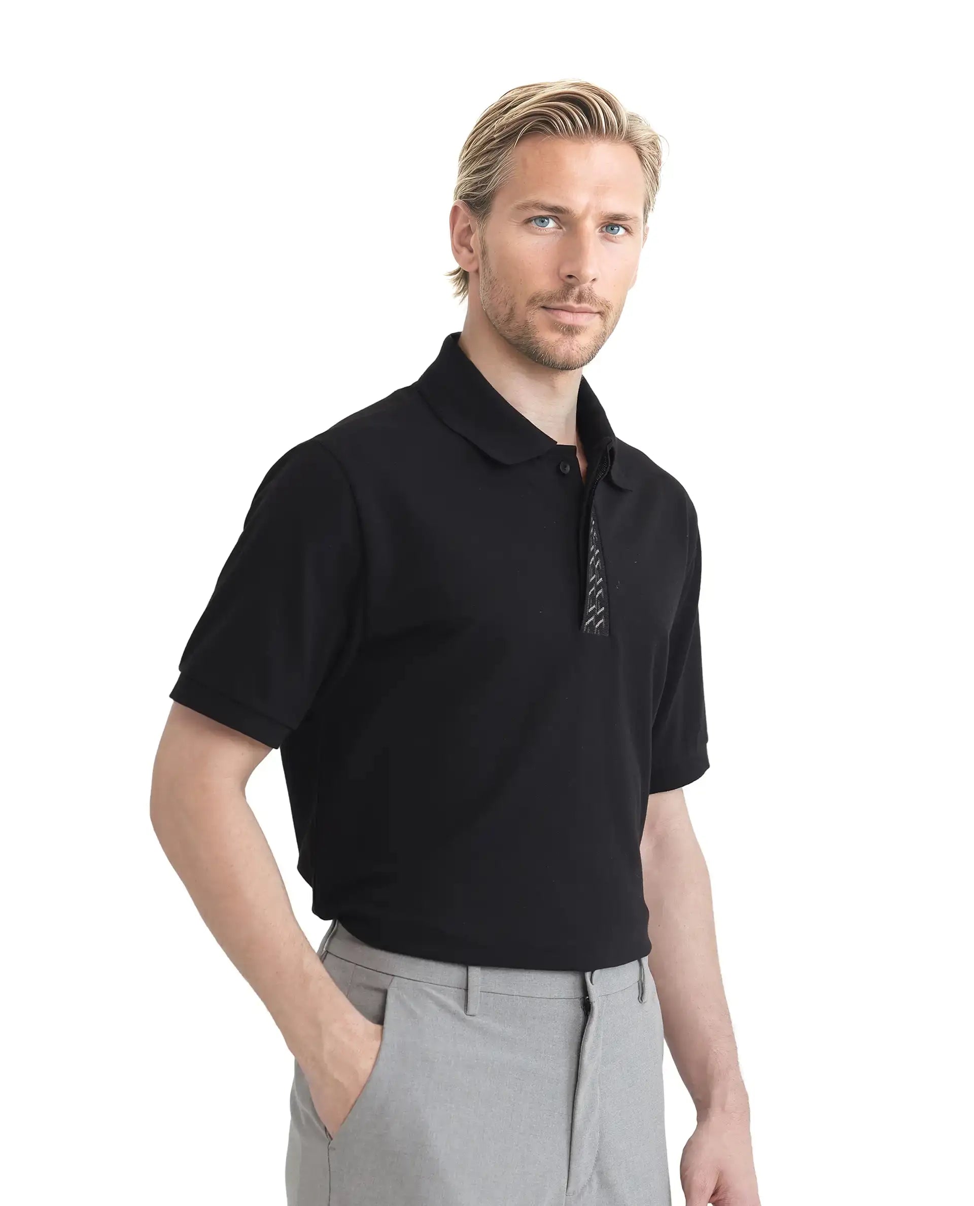 Rare Rabbit Men Arko Black Cotton Blend Fabric Short Sleeve Regular Collared with Jacquard Placket Button Closure Plain Polo T-Shirt