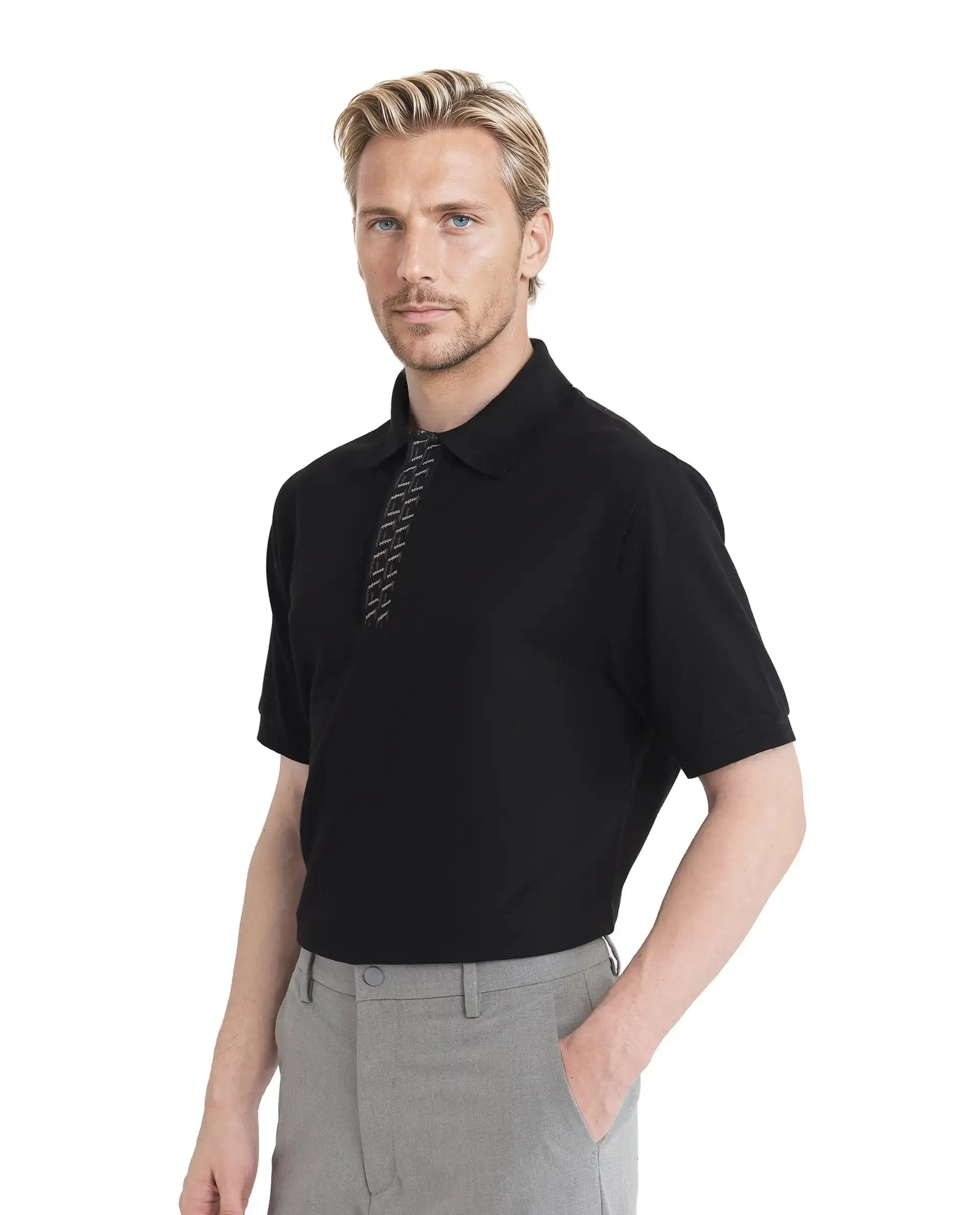 Rare Rabbit Men Arko Black Cotton Blend Fabric Short Sleeve Regular Collared with Jacquard Placket Button Closure Plain Polo T-Shirt