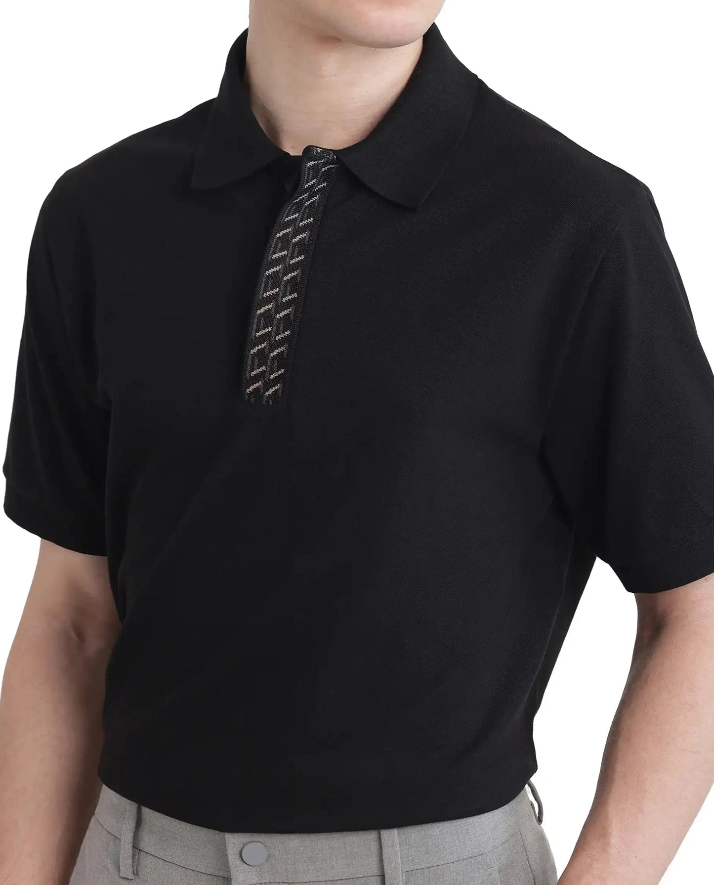 Rare Rabbit Men Arko Black Cotton Blend Fabric Short Sleeve Regular Collared with Jacquard Placket Button Closure Plain Polo T-Shirt