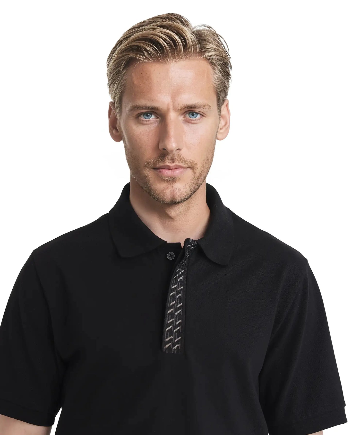 Rare Rabbit Men Arko Black Cotton Blend Fabric Short Sleeve Regular Collared with Jacquard Placket Button Closure Plain Polo T-Shirt