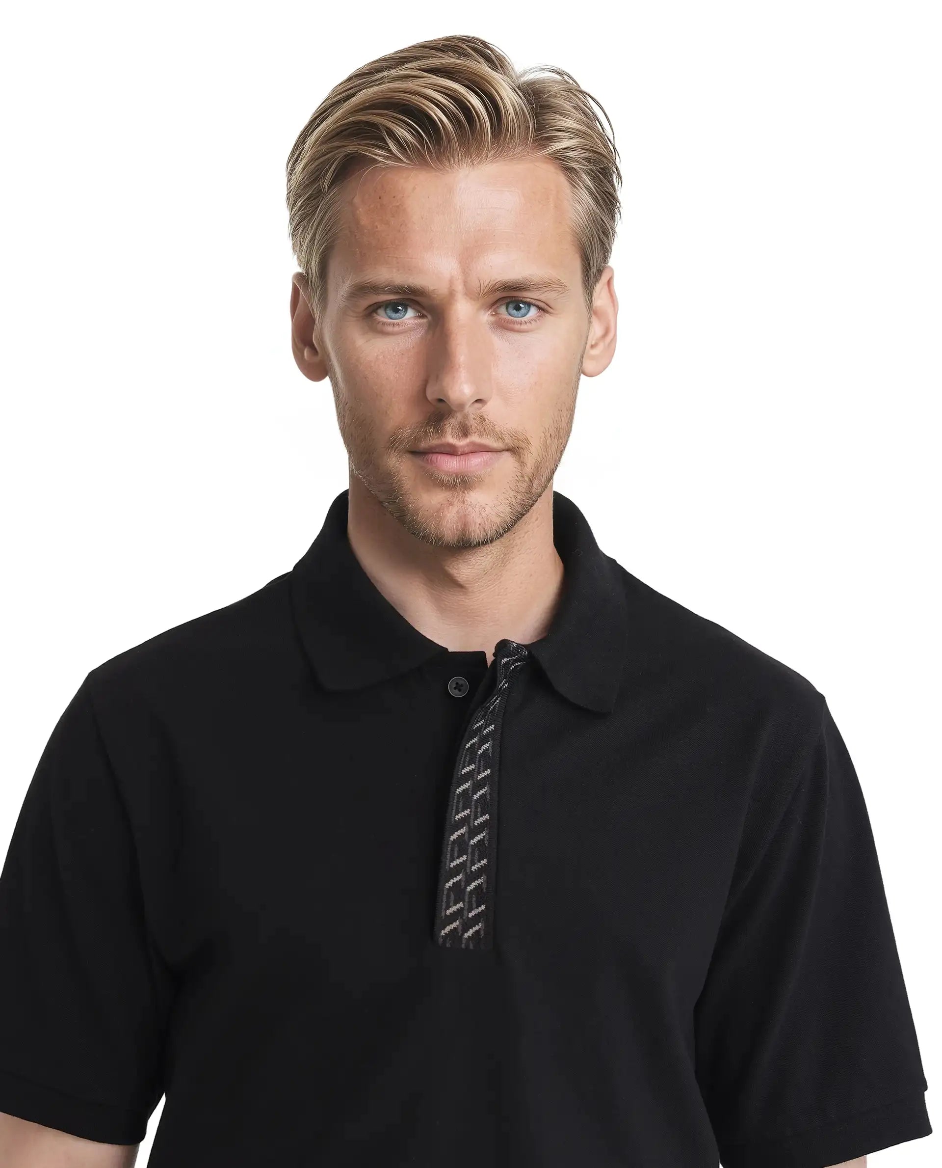 Rare Rabbit Men Arko Black Cotton Blend Fabric Short Sleeve Regular Collared with Jacquard Placket Button Closure Plain Polo T-Shirt