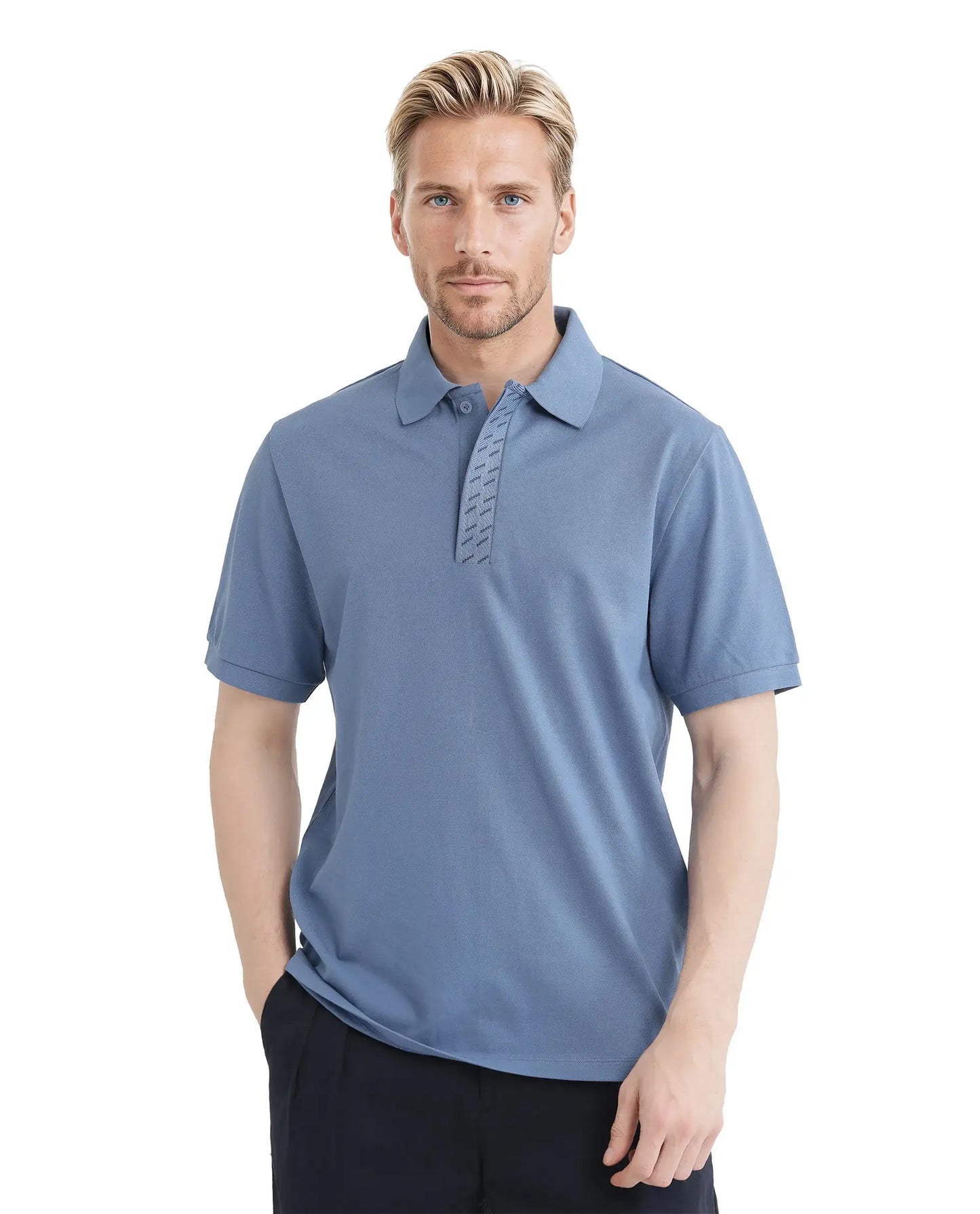 Rare Rabbit Men Arko Blue Cotton Blend Fabric Short Sleeve Regular Collared with Jacquard Placket Button Closure Plain Polo T-Shirt