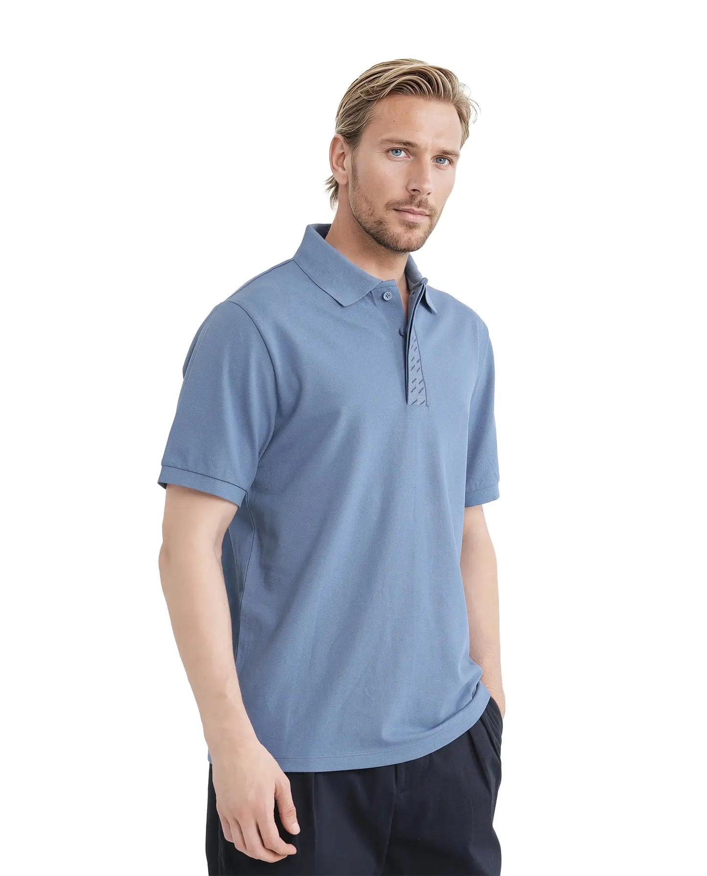 Rare Rabbit Men Arko Blue Cotton Blend Fabric Short Sleeve Regular Collared with Jacquard Placket Button Closure Plain Polo T-Shirt