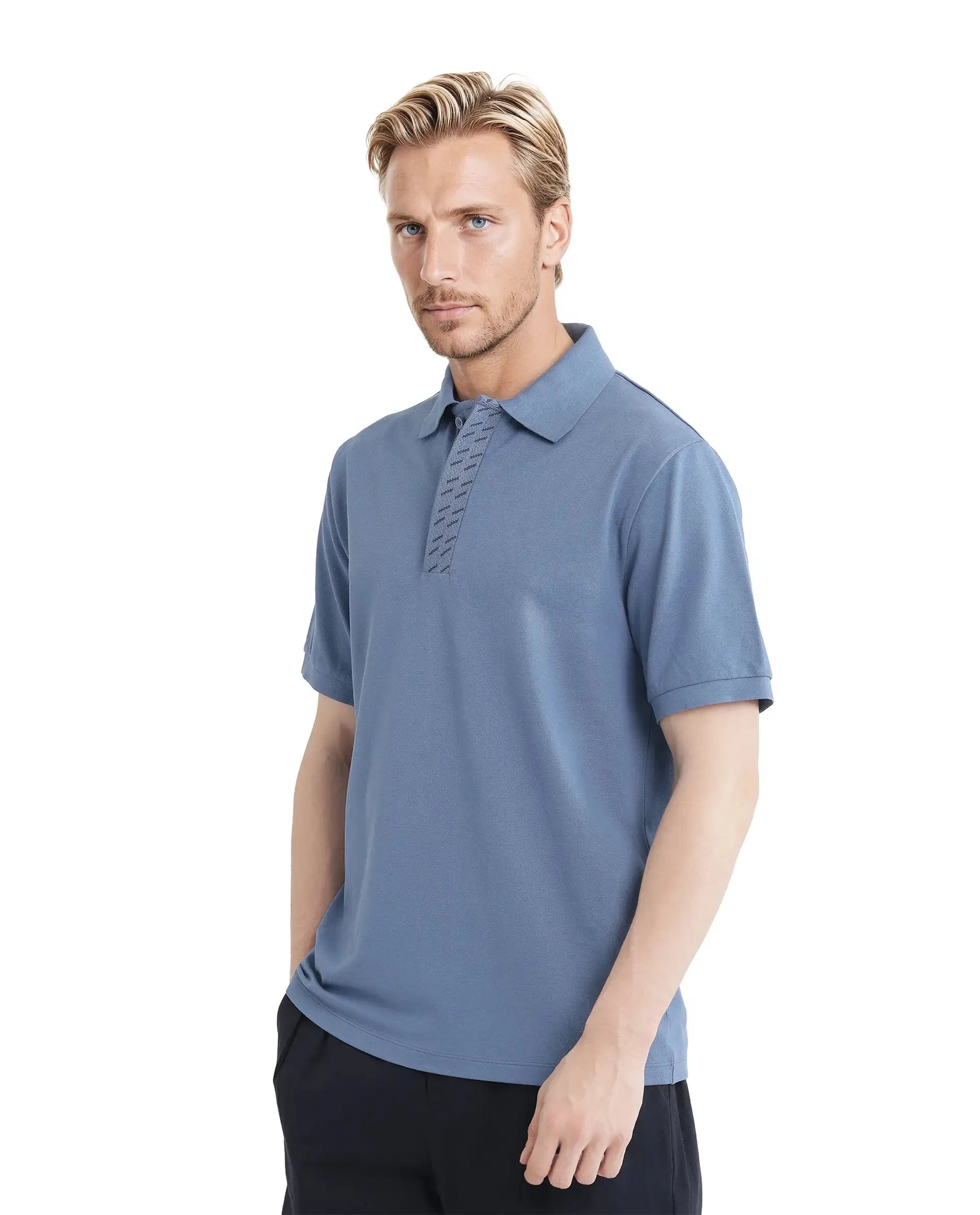 Rare Rabbit Men Arko Blue Cotton Blend Fabric Short Sleeve Regular Collared with Jacquard Placket Button Closure Plain Polo T-Shirt