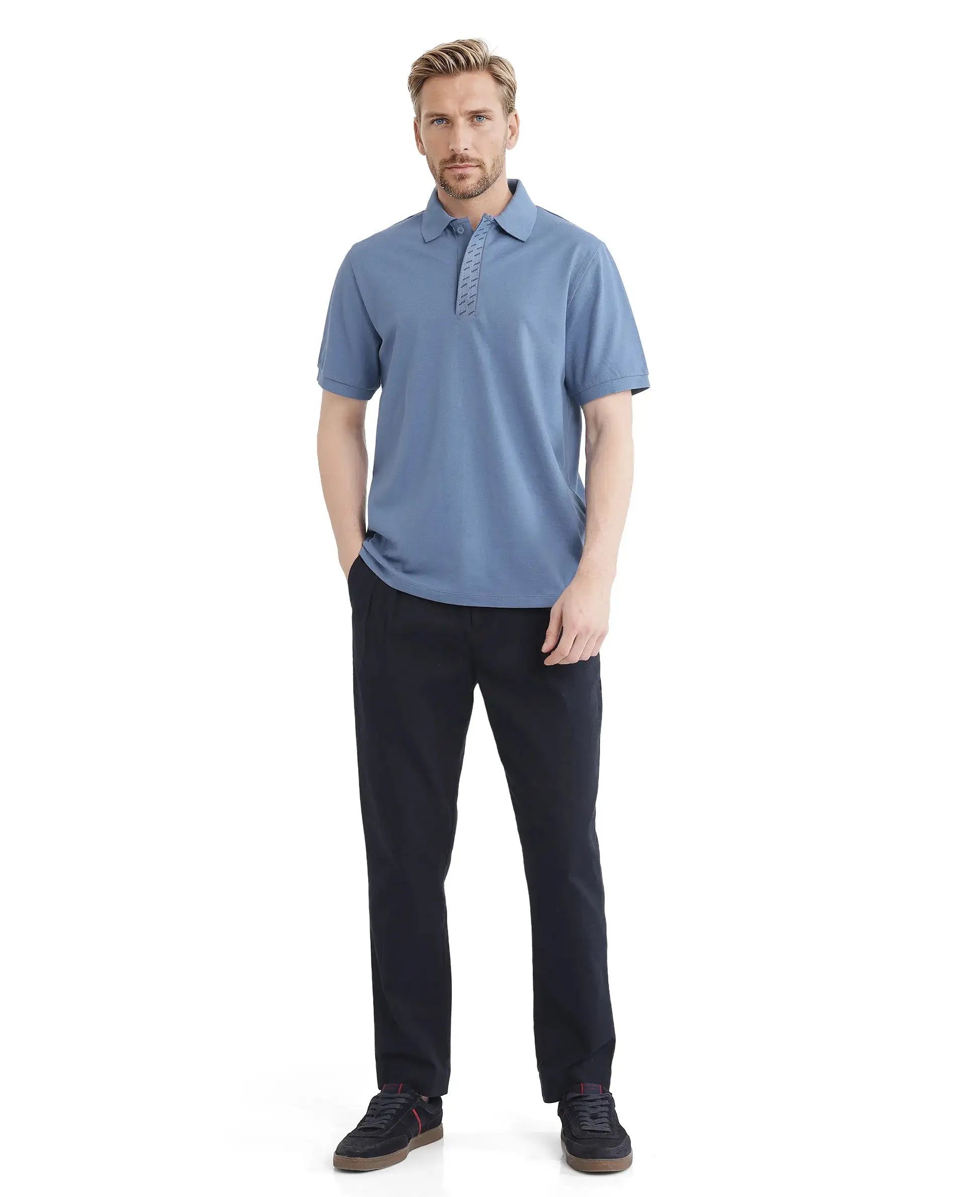 Rare Rabbit Men Arko Blue Cotton Blend Fabric Short Sleeve Regular Collared with Jacquard Placket Button Closure Plain Polo T-Shirt