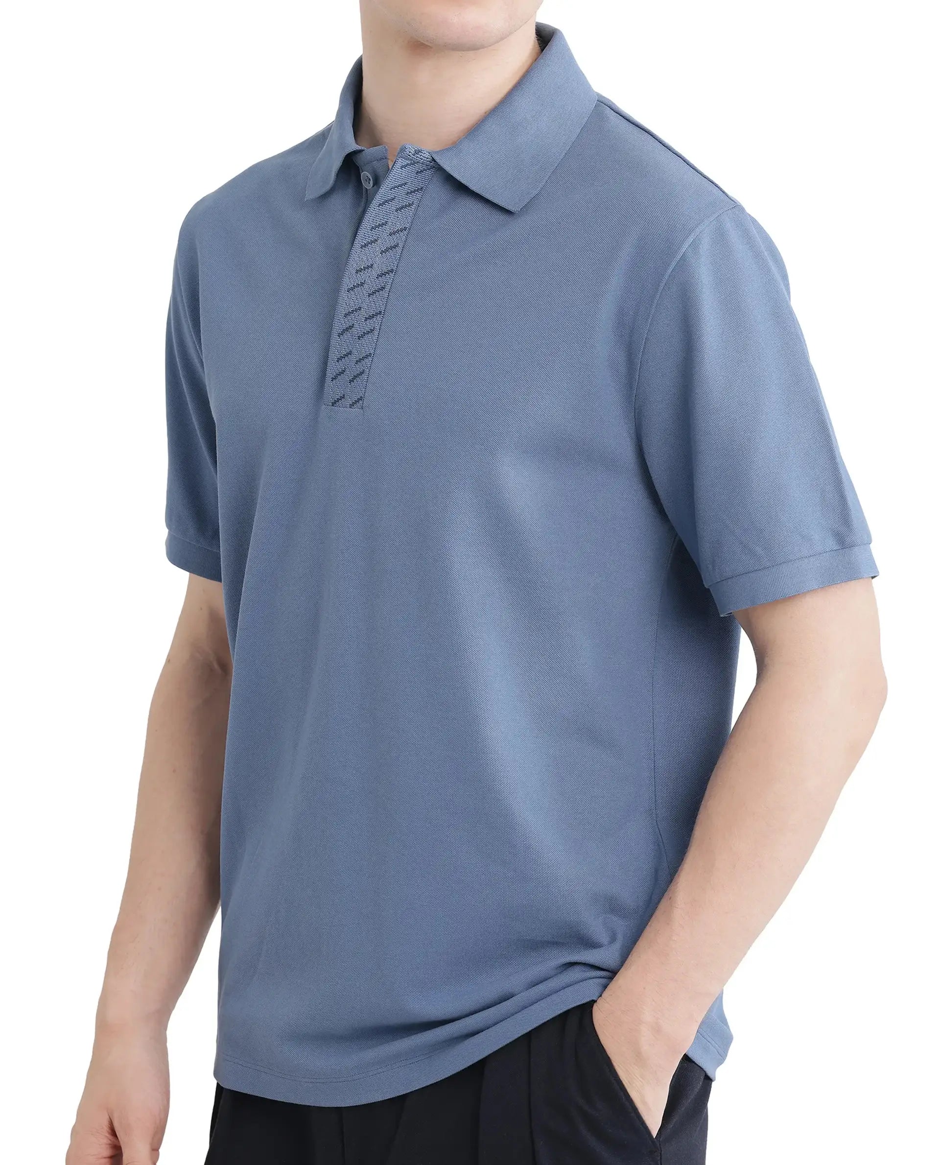 Rare Rabbit Men Arko Blue Cotton Blend Fabric Short Sleeve Regular Collared with Jacquard Placket Button Closure Plain Polo T-Shirt