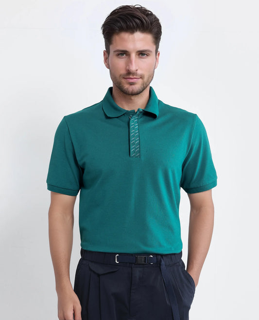 Rare Rabbit Men Arko Green Cotton Blend Fabric Short Sleeve Regular Collared with Jacquard Placket Button Closure Plain Polo T-Shirt